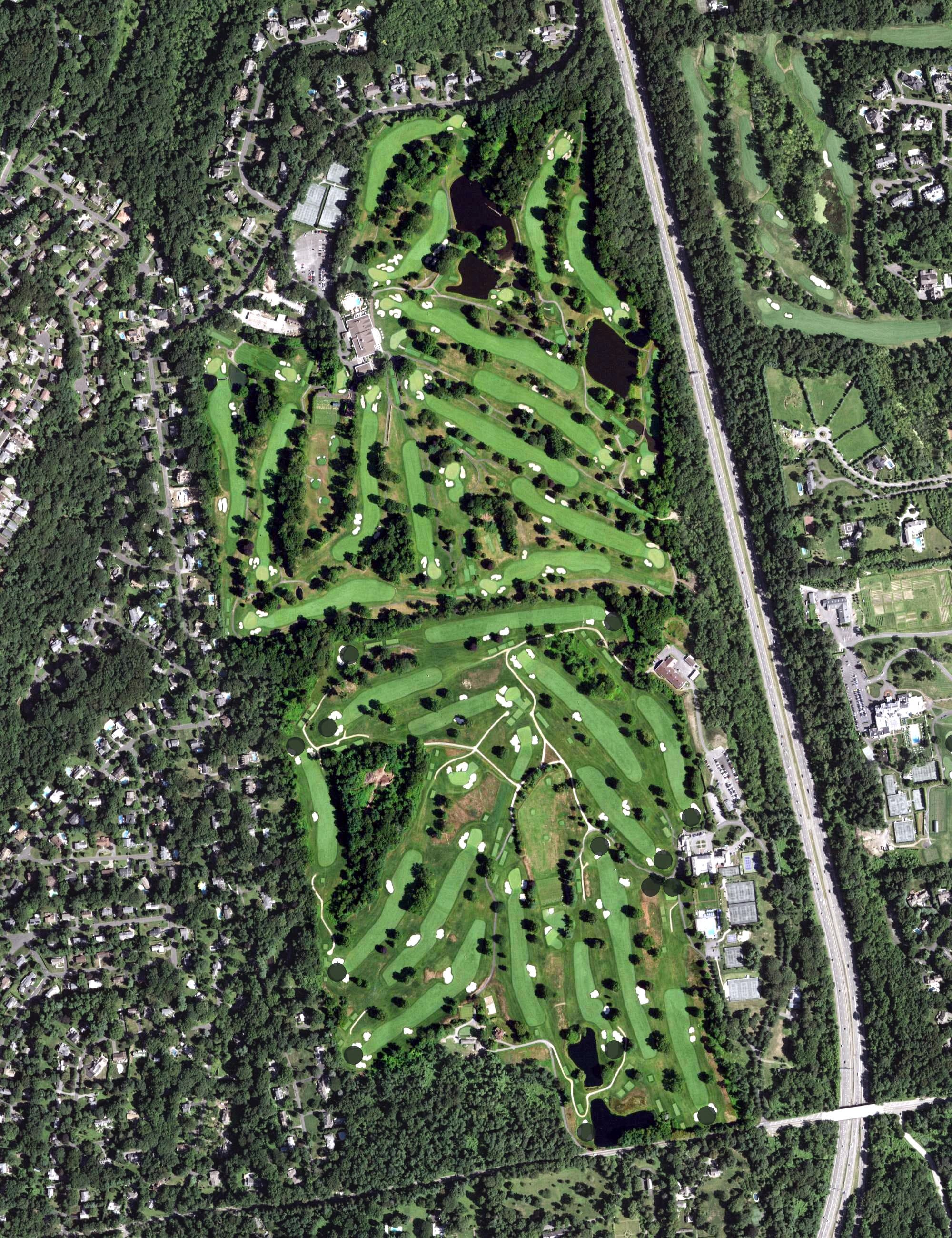 Aerial view of Century Country Club, NY, with its hole routing marked