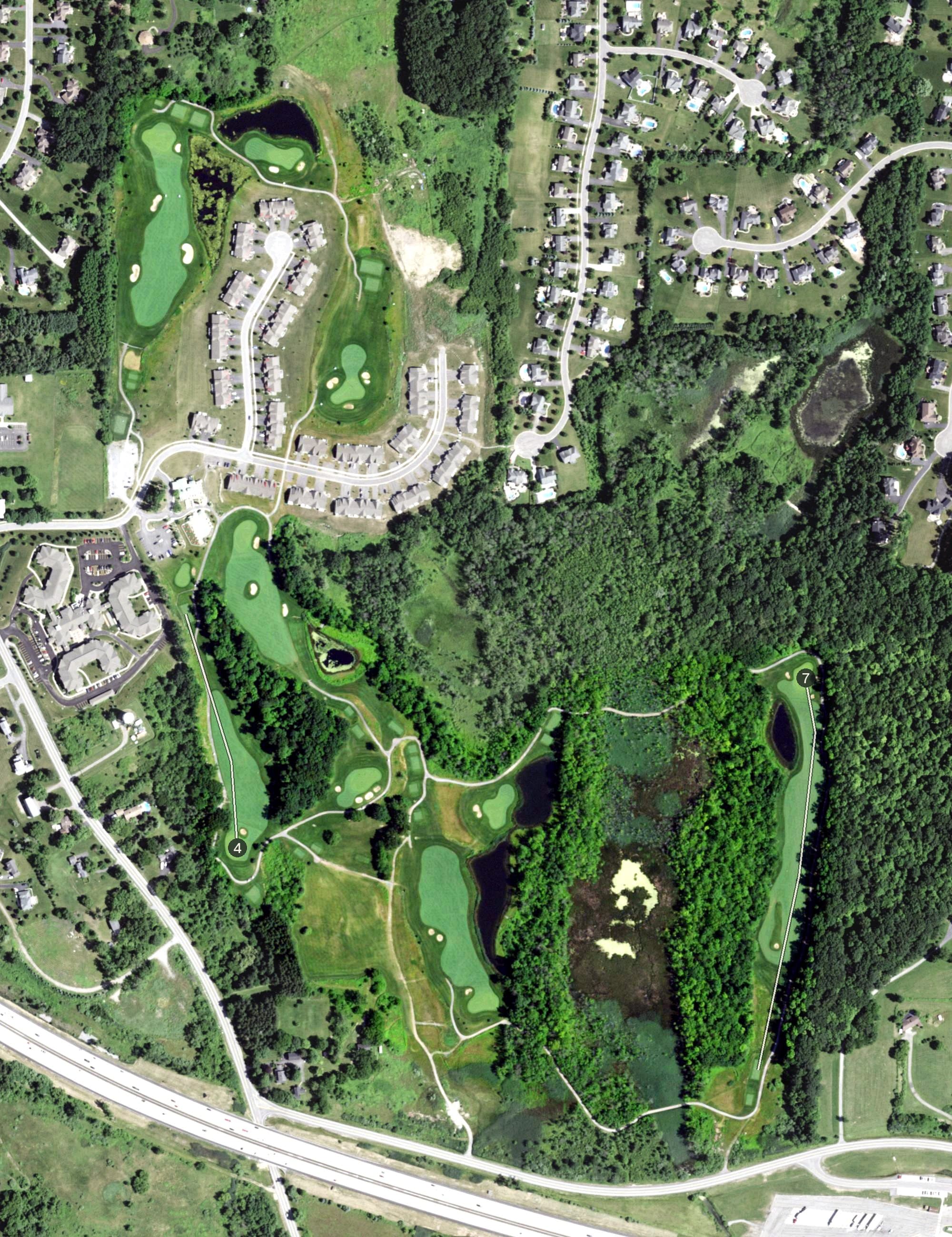 Aerial view of Champion Hills Country Club, NY, with its hole routing marked