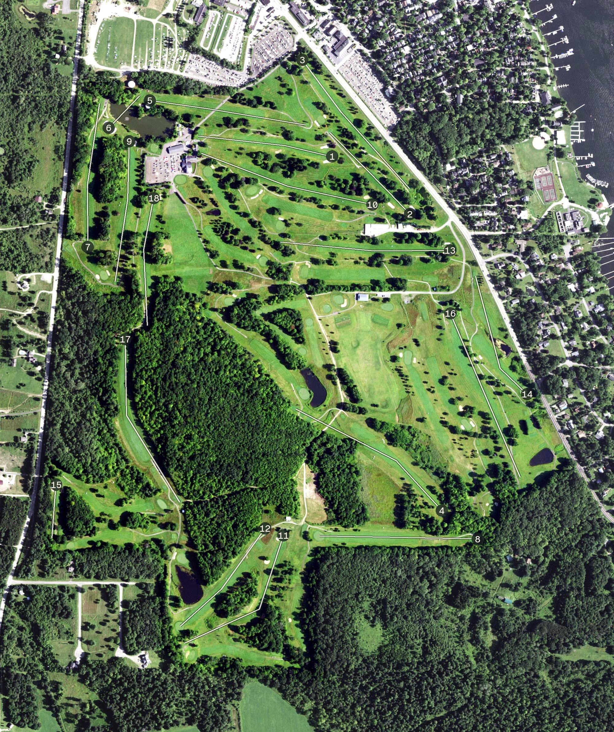Aerial view of Chautauqua Golf Club, NY, with its hole routing marked