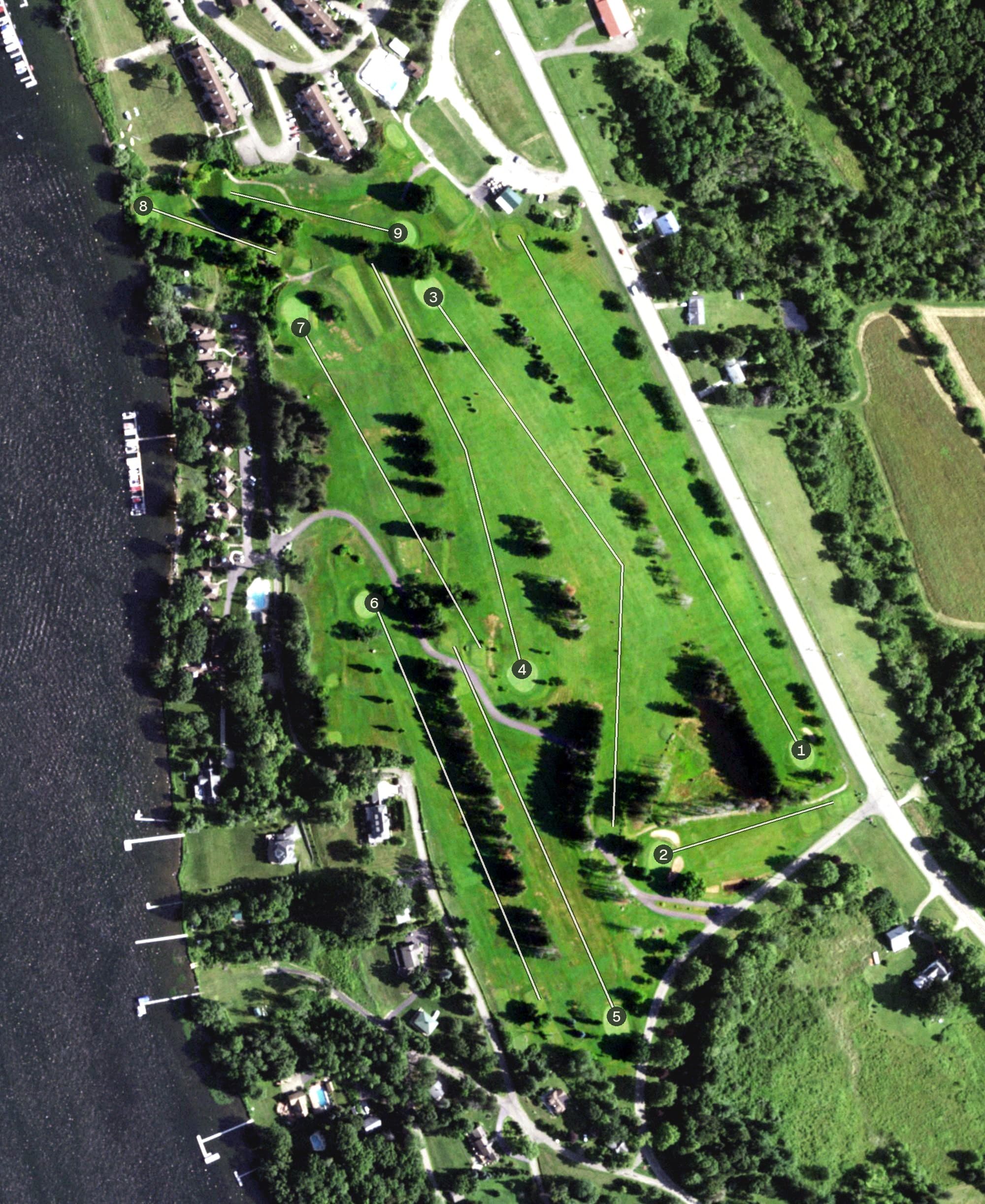 Aerial view of Chautauqua Point, NY, with its hole routing marked