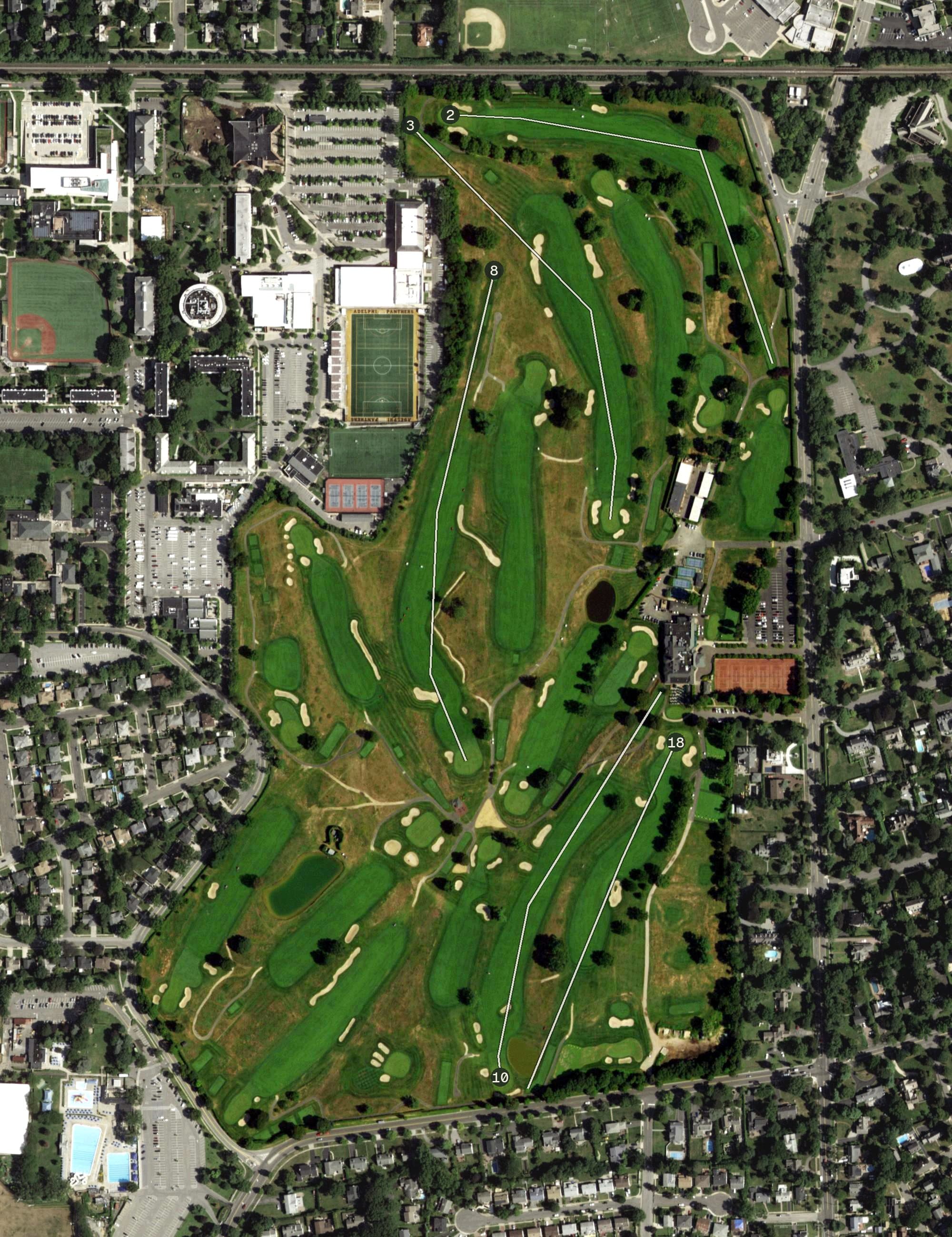 Aerial view of Cherry Valley Golf Course, NY, with its hole routing marked