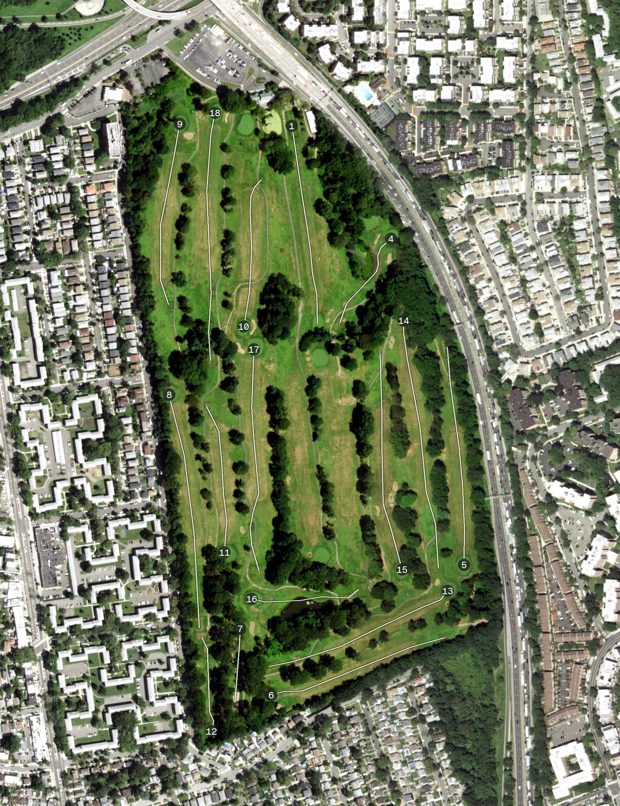 Aerial view of Clearview Park, NY, with its hole routing marked