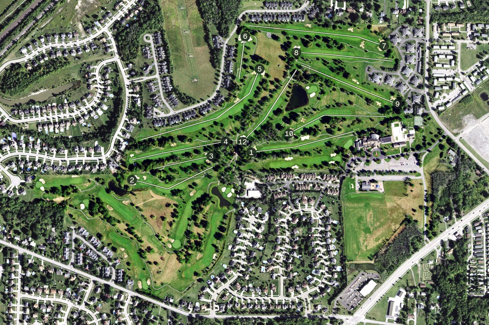Aerial view of Cloverbank Country Club, NY, with its hole routing marked