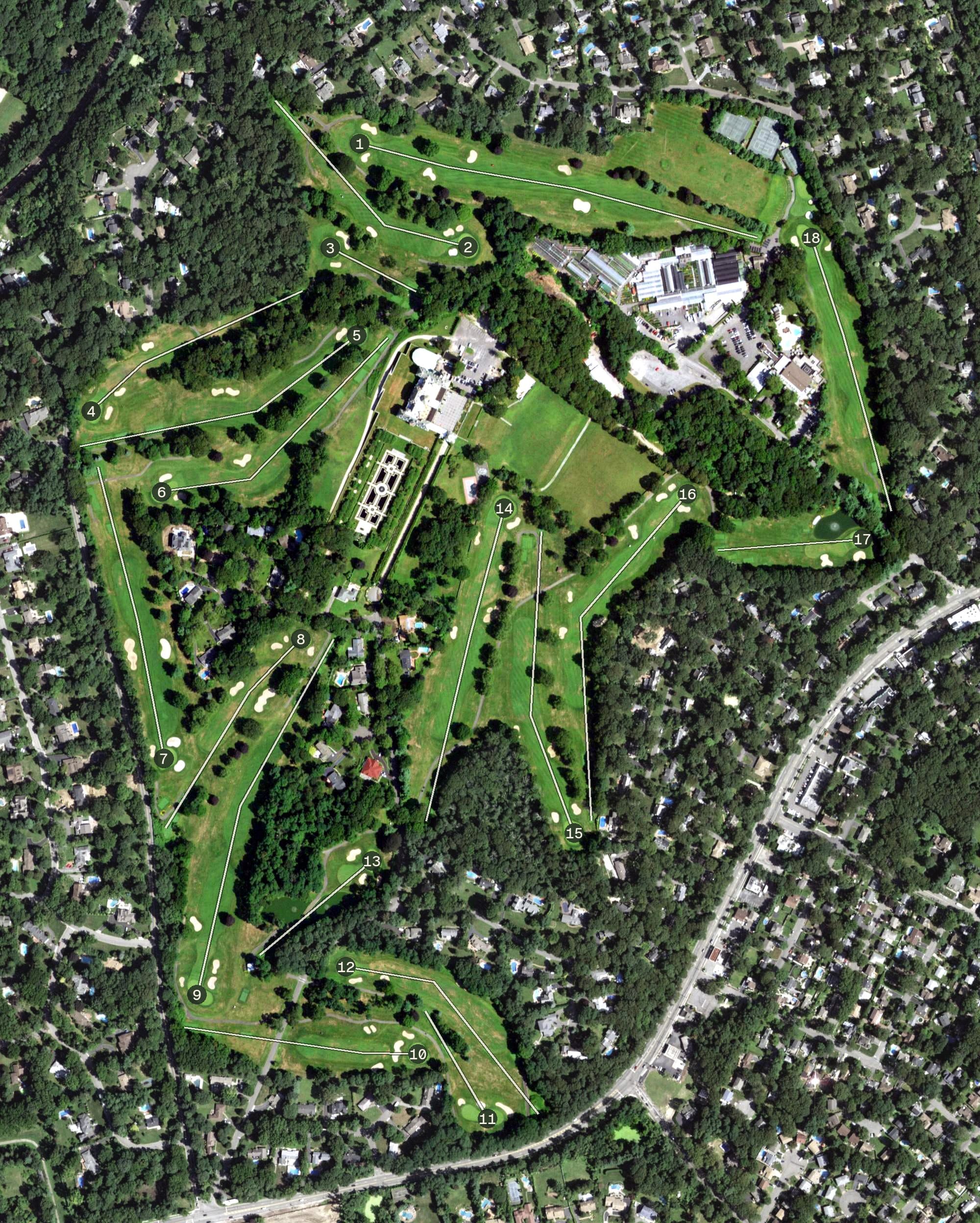 Aerial view of Cold Spring Country Club, NY, with its hole routing marked