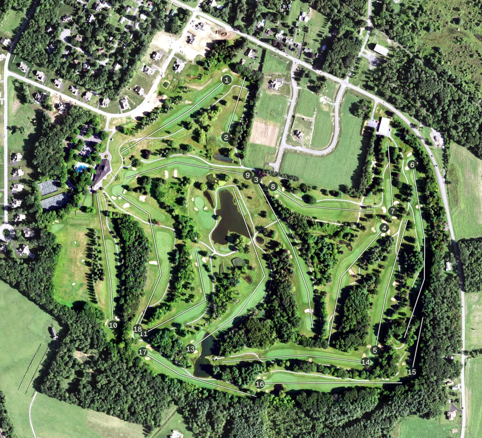 Aerial view of Colonie Golf & Country Club, NY, with its hole routing marked