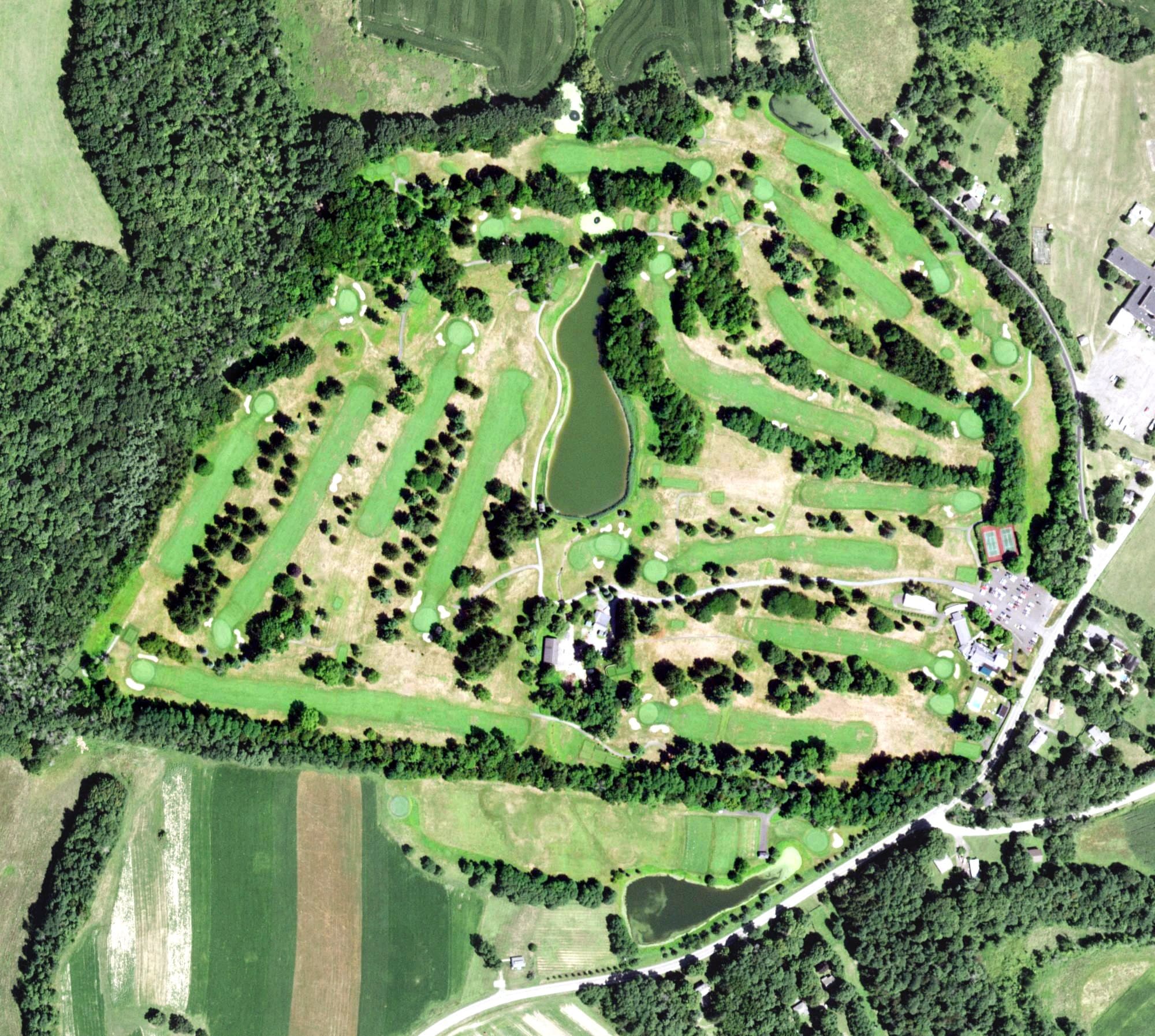 Aerial view of Columbia Golf & Country Club, NY, with its hole routing marked