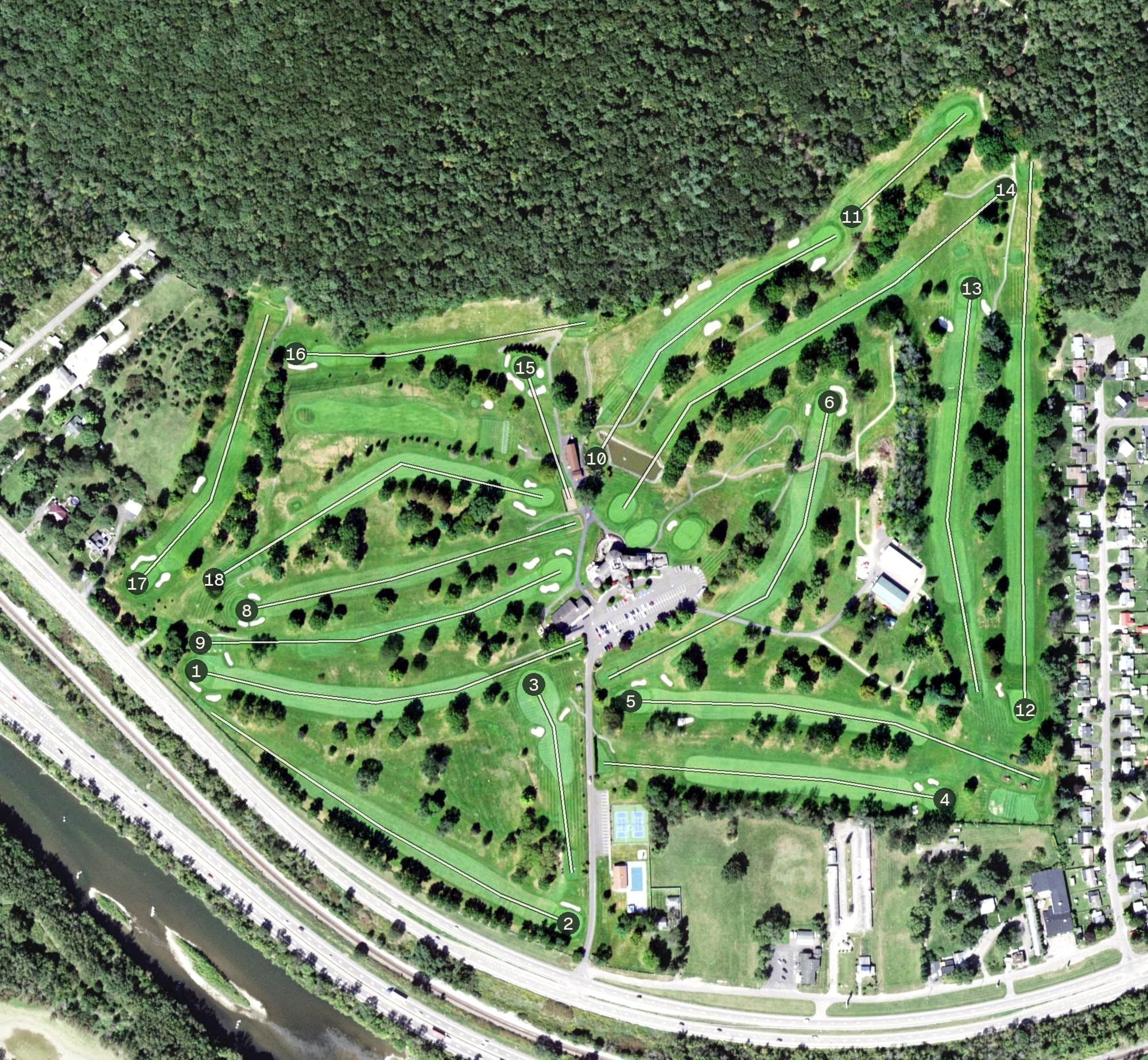 Aerial view of Corning Country Club, NY, with its hole routing marked