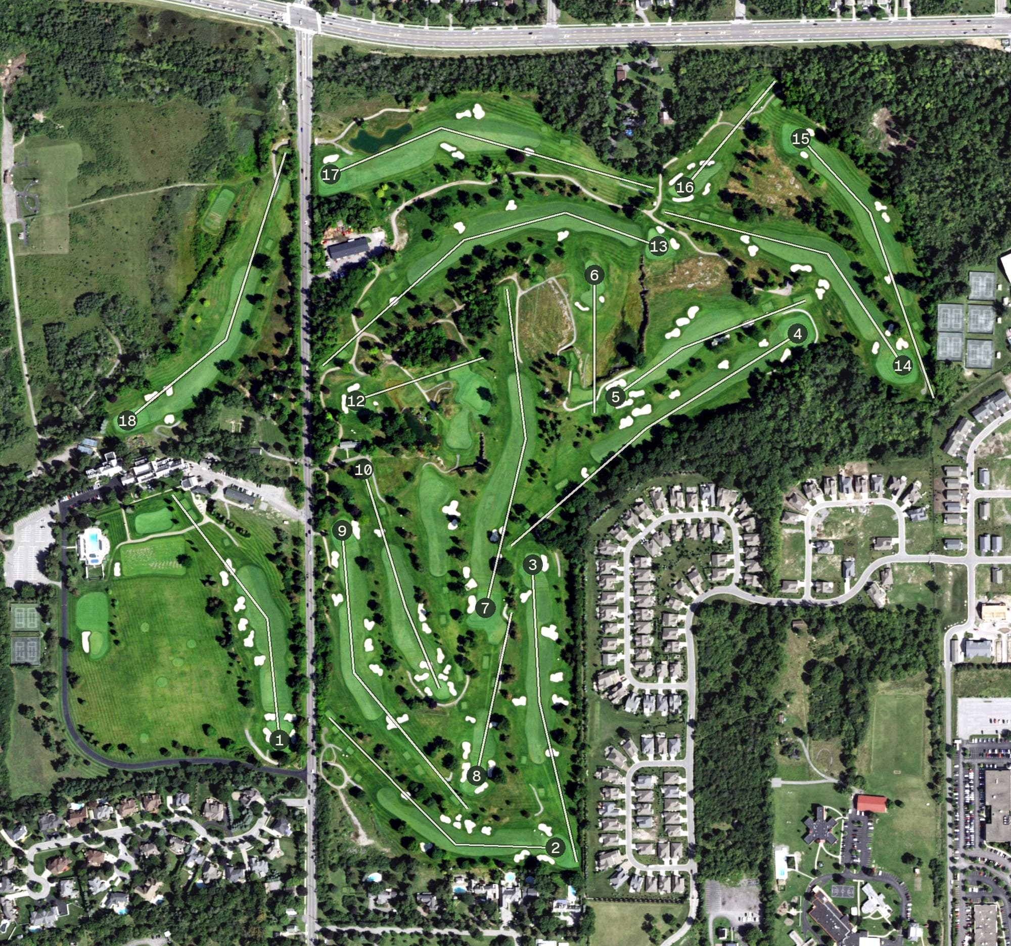 Aerial view of Country Club of Buffalo, NY, with its hole routing marked