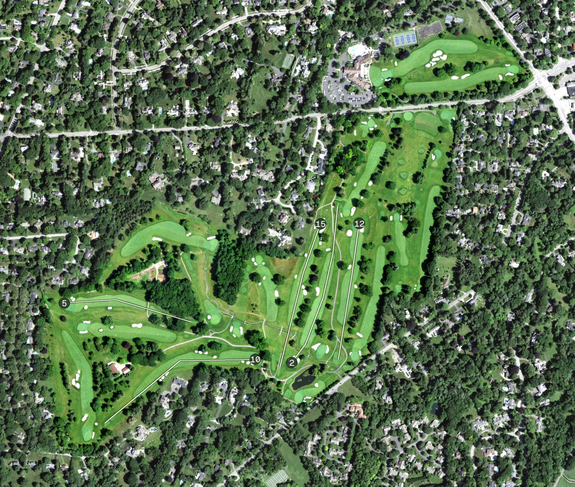 Aerial view of Country Club of Rochester, NY, with its hole routing marked