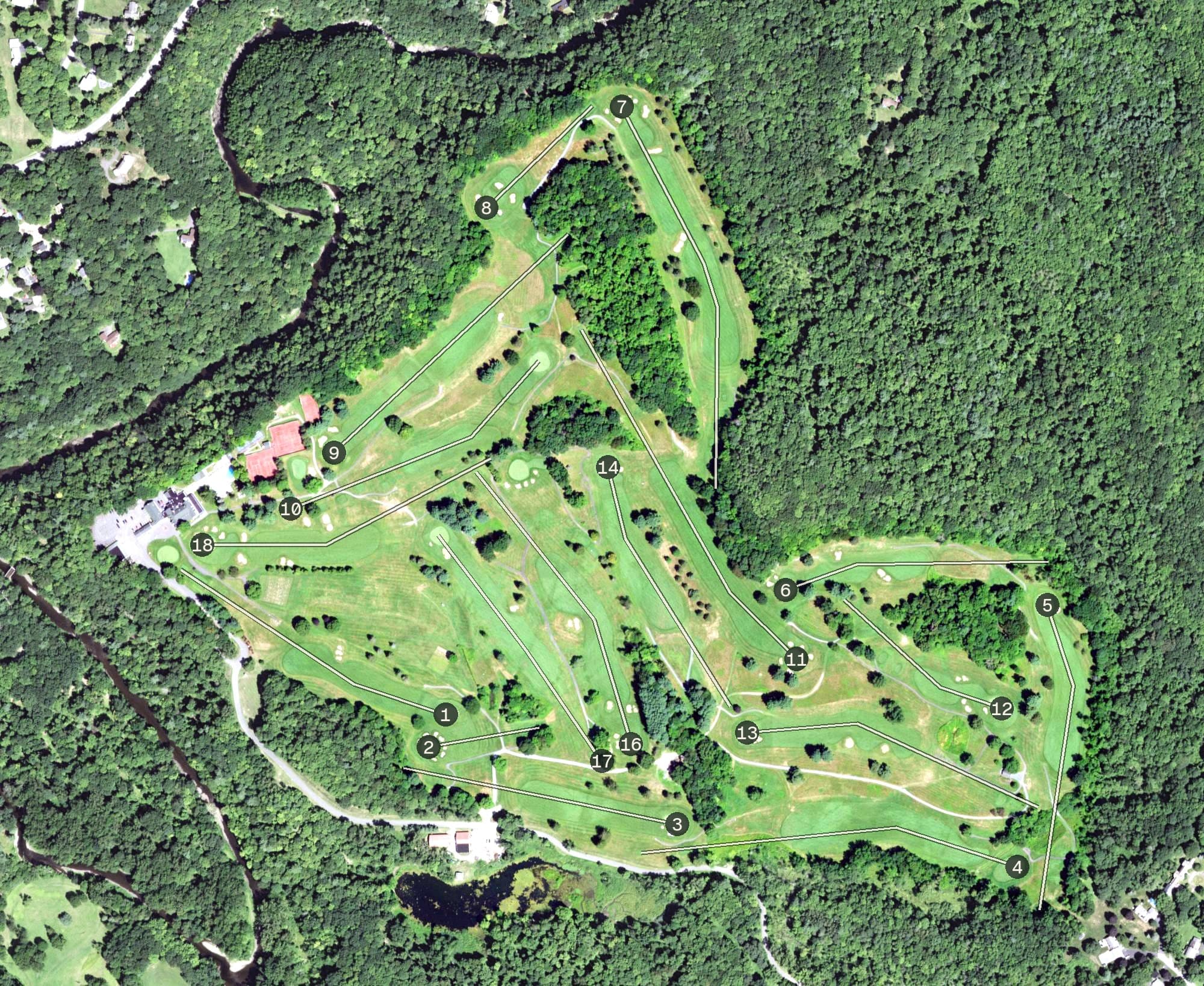 Aerial view of Country Club of Troy, NY, with its hole routing marked
