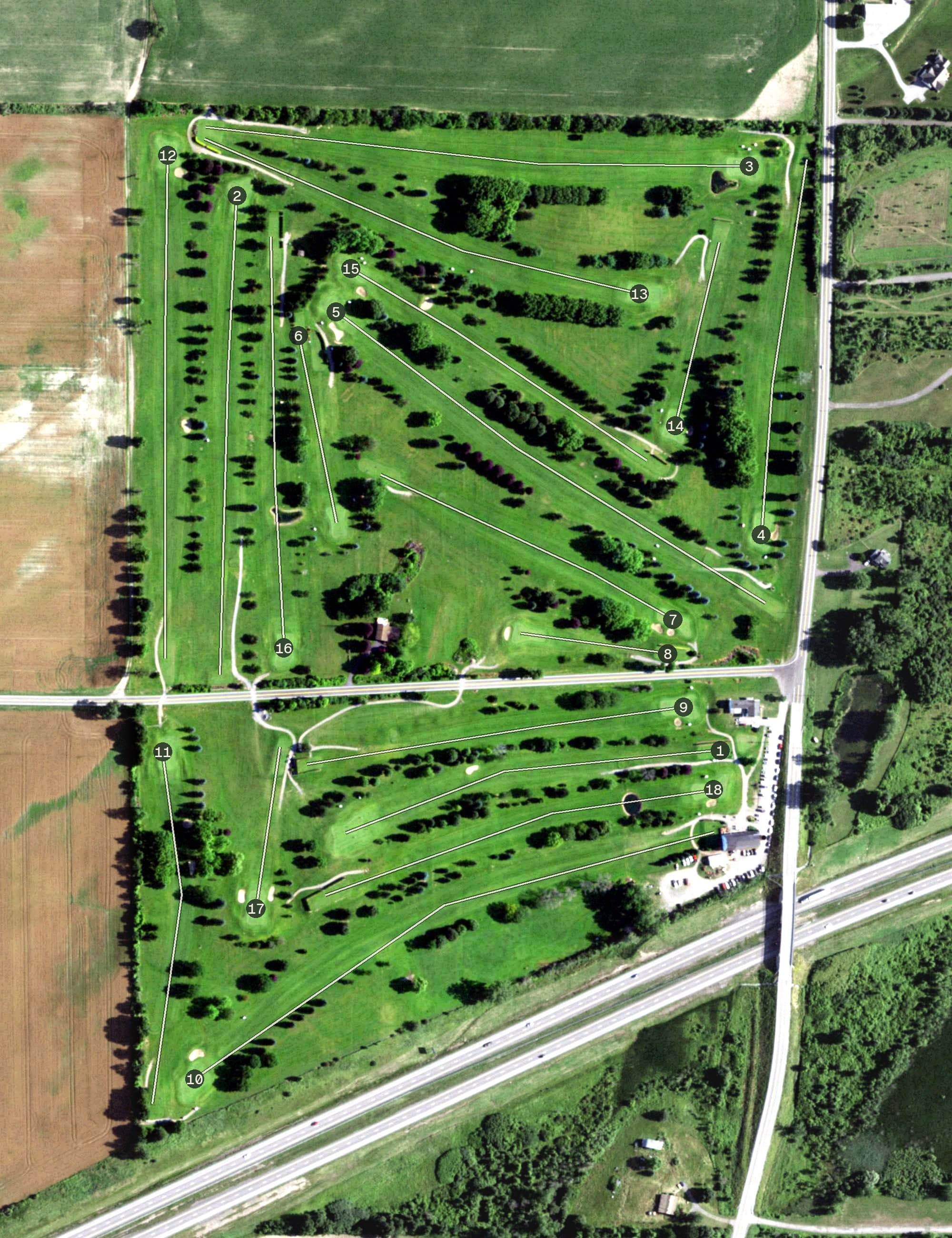 Aerial view of Cragie Brae, NY, with its hole routing marked