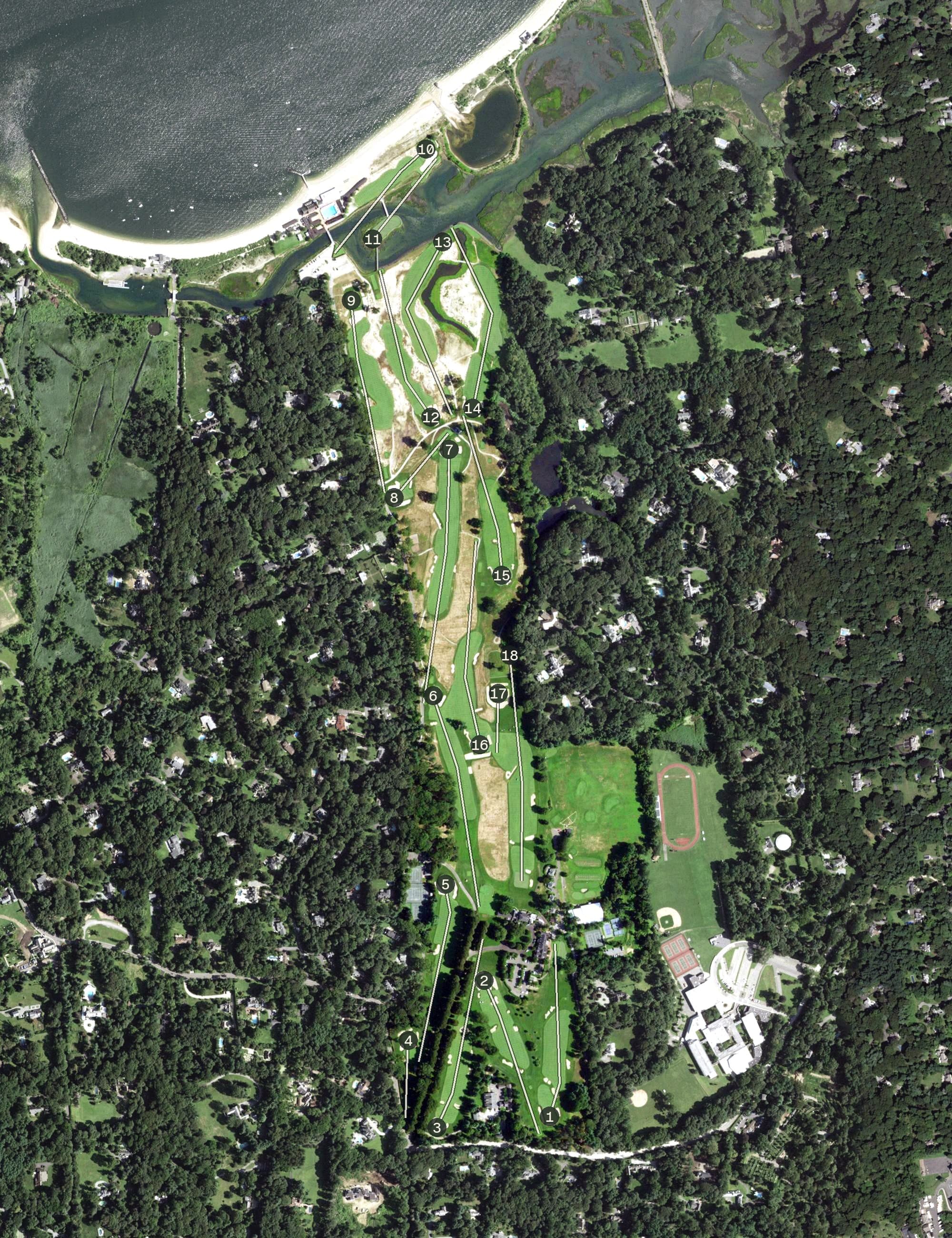 Aerial view of Creek Club, NY, with its hole routing marked