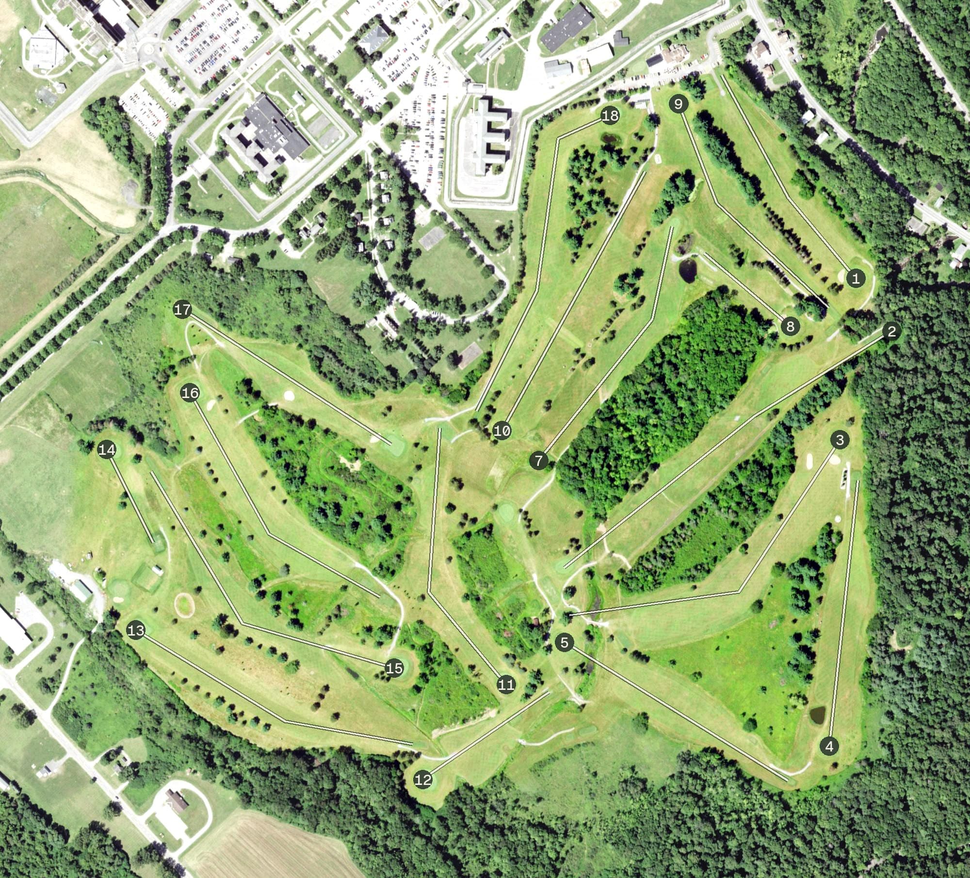 Aerial view of Crestwood Golf Club, NY, with its hole routing marked