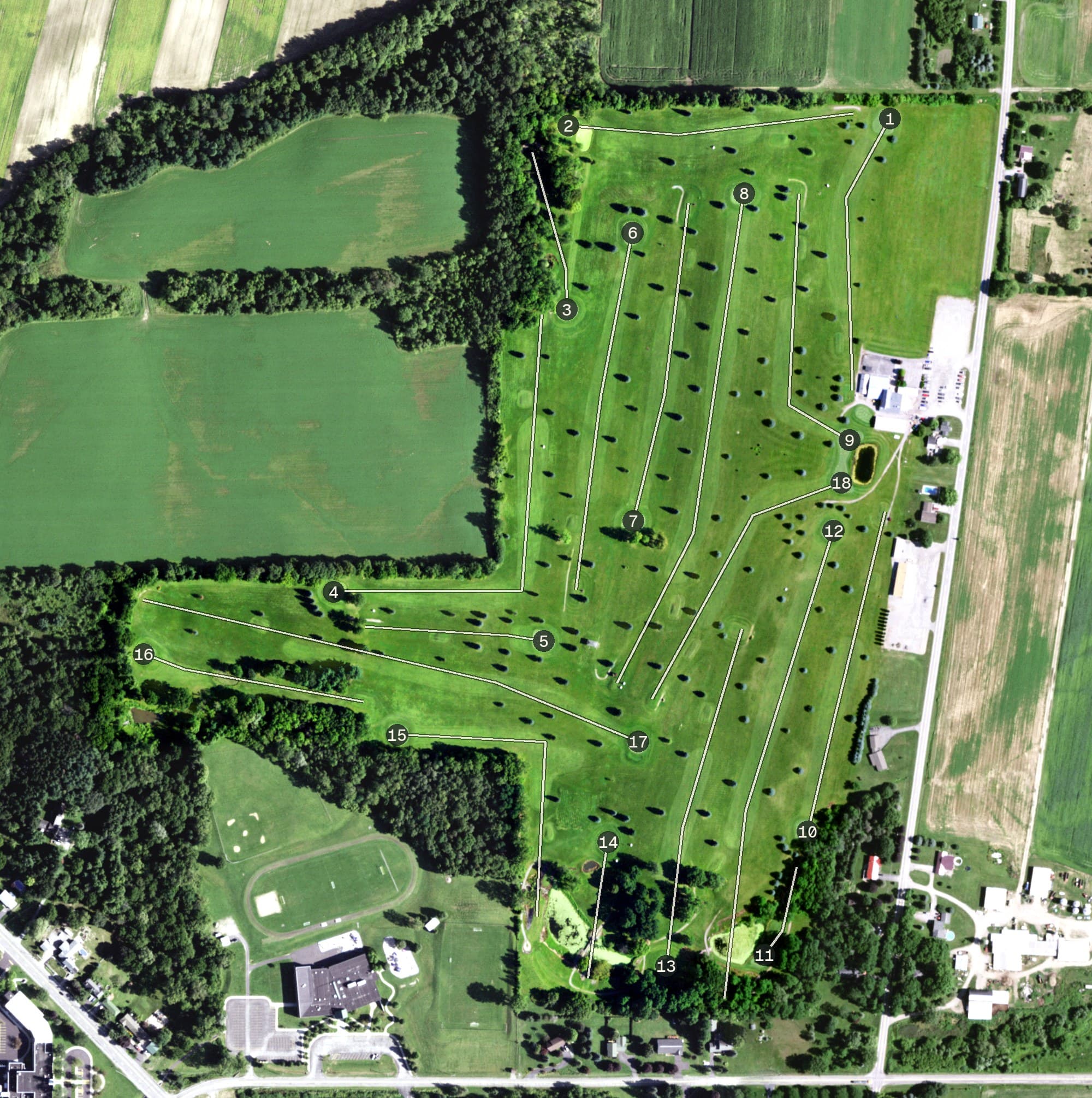 Aerial view of Davis Countryside Meadows, NY, with its hole routing marked
