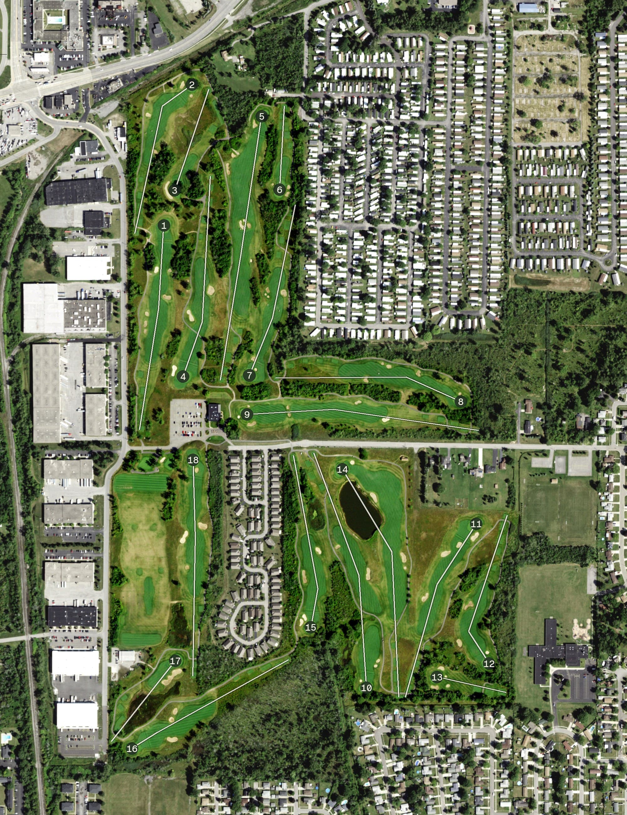 Aerial view of Diamond Hawk Golf Course, NY, with its hole routing marked