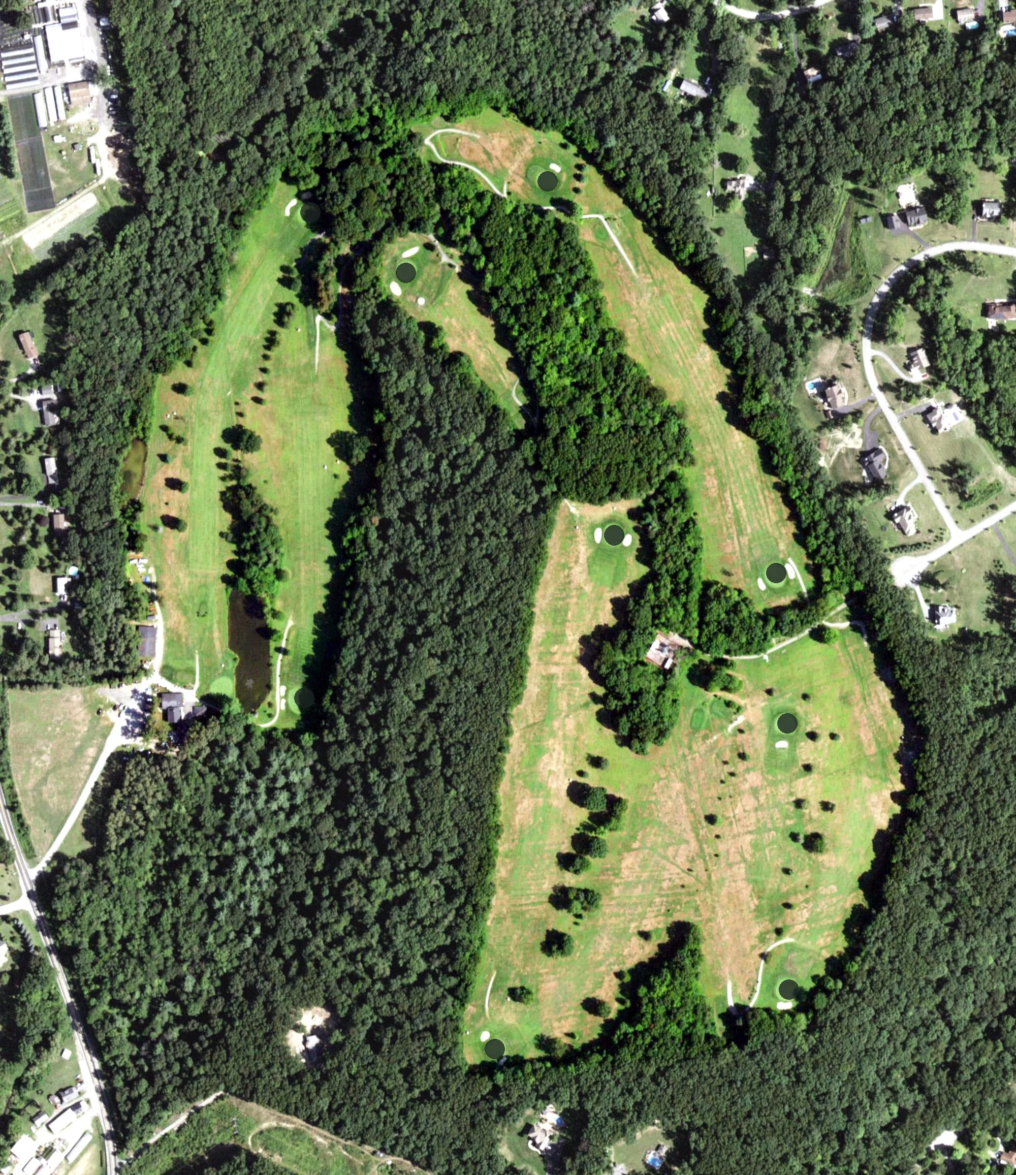 Aerial view of Dogwood Knolls Golf Course, NY, with its hole routing marked