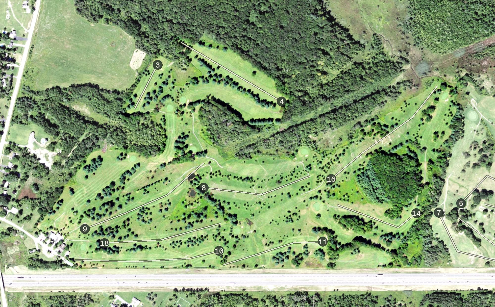 Aerial view of Domenico's Golf Course, NY, with its hole routing marked