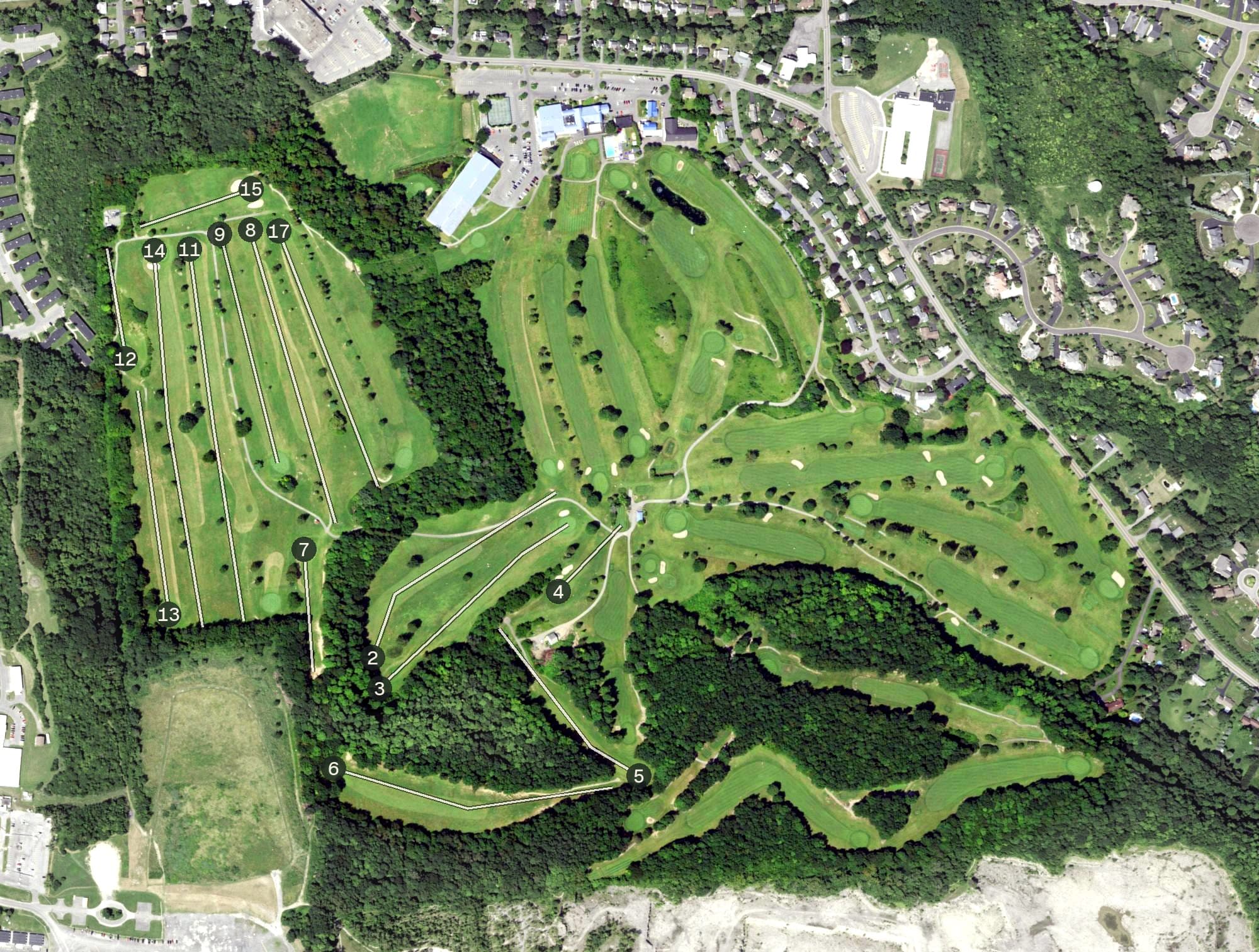 Aerial view of Drumlins Country Club, NY, with its hole routing marked