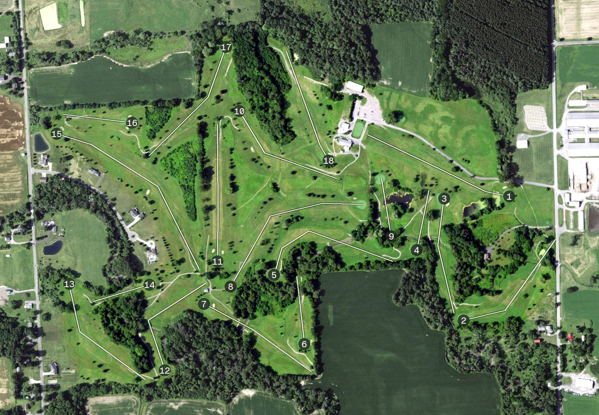 Aerial view of Dutch Hollow Country Club, NY, with its hole routing marked
