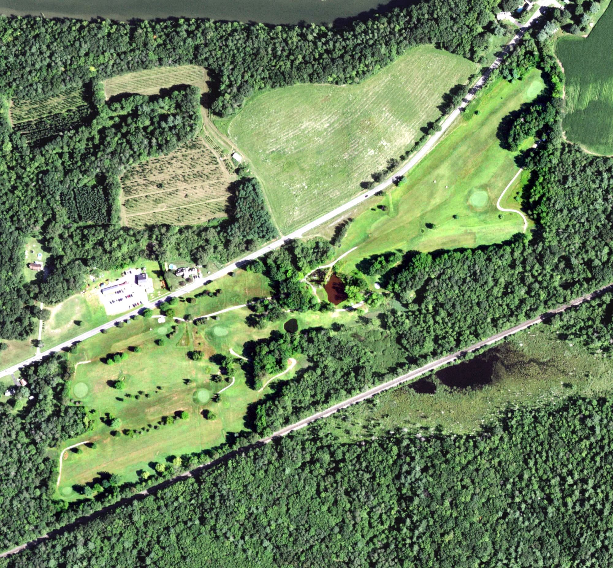 Aerial view of Dutchaven Golf Course, NY, with its hole routing marked