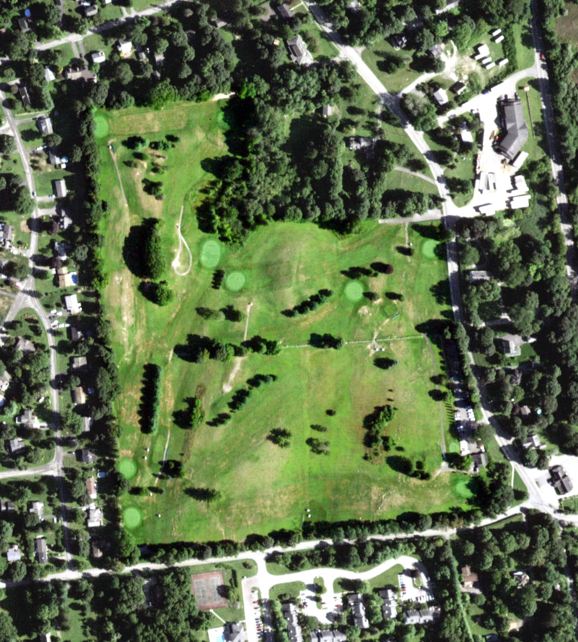 Aerial view of Dutcher Golf Course, NY, with its hole routing marked