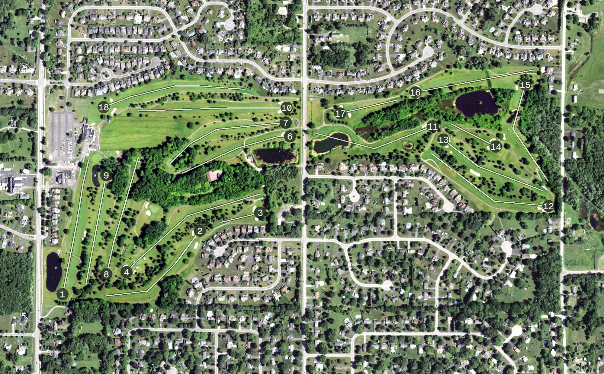 Aerial view of Eagle Vale Golf Club, NY, with its hole routing marked