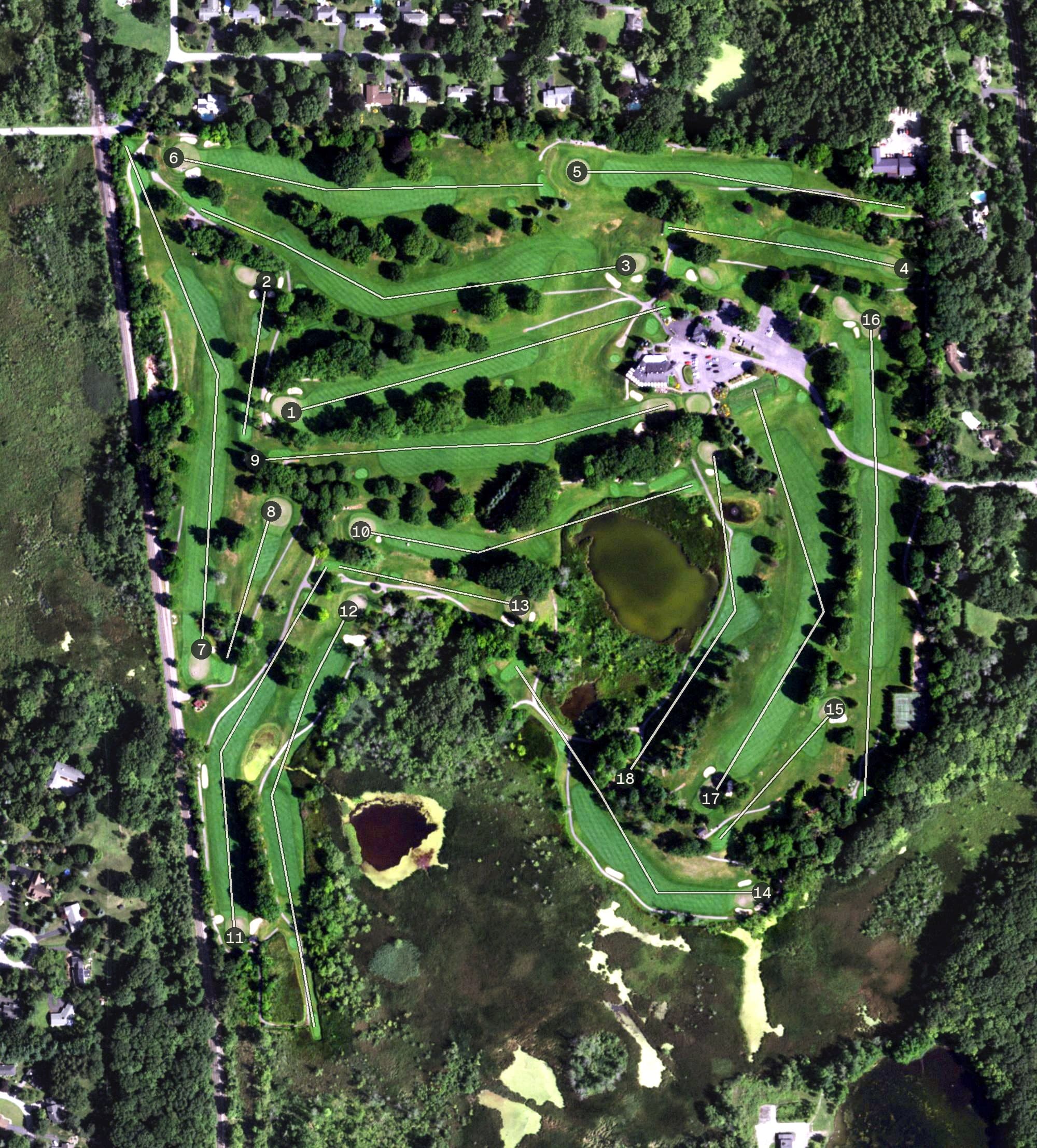 Aerial view of East Aurora Country Club, NY, with its hole routing marked