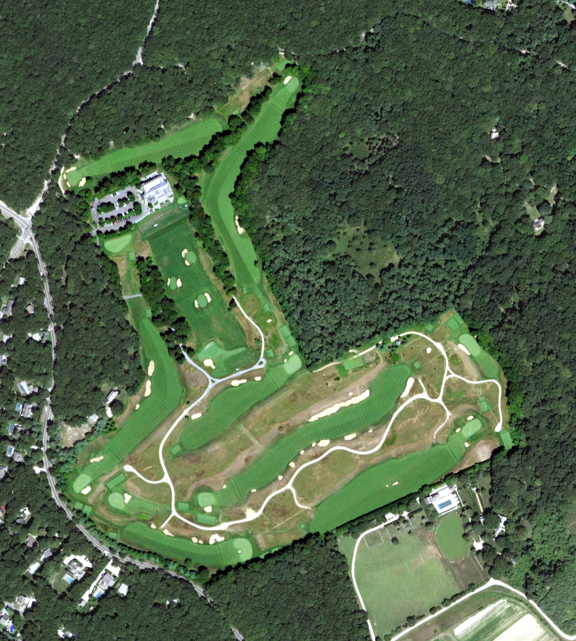 Aerial view of East Hampton Golf Club, NY, with its hole routing marked