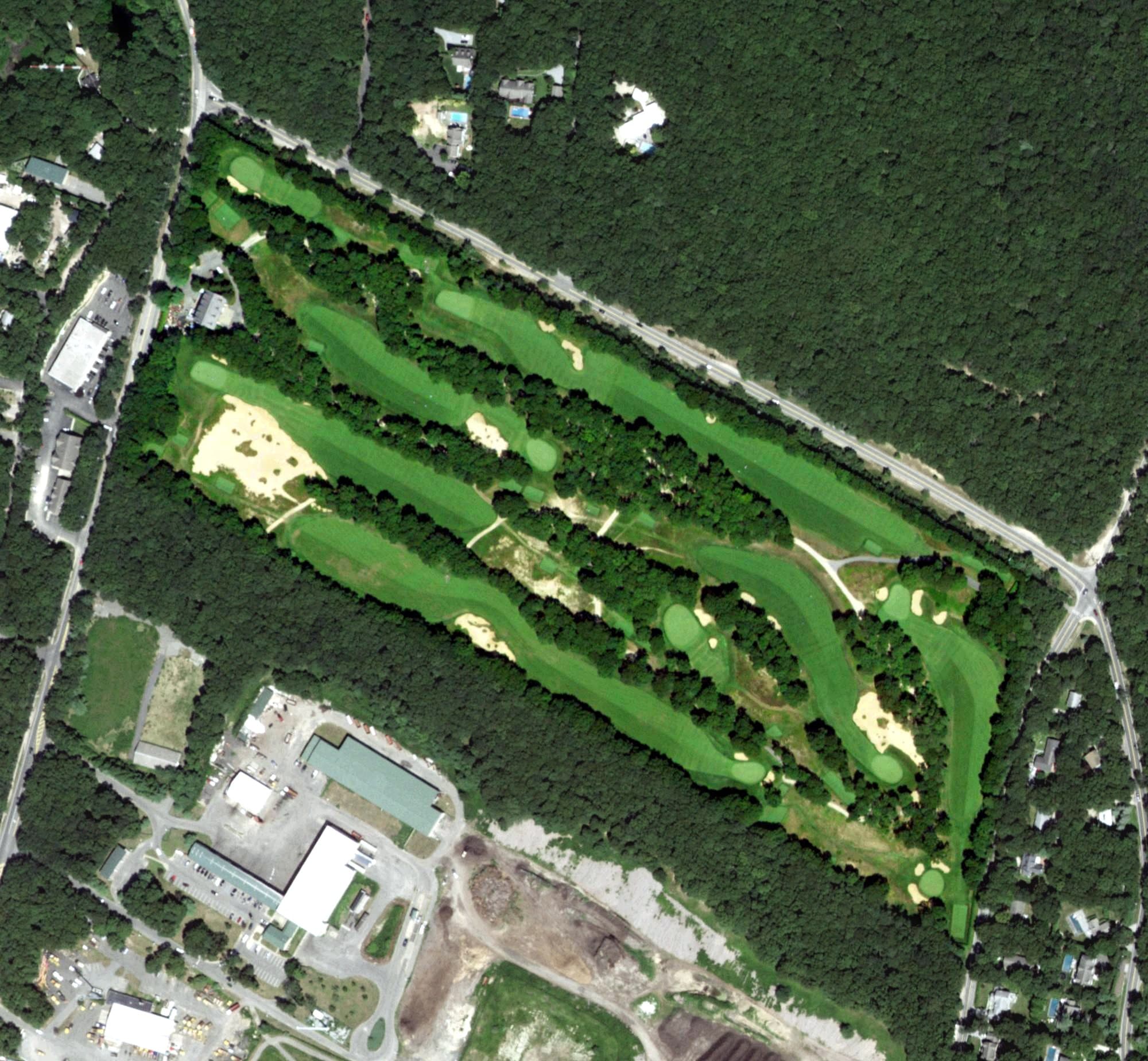 Aerial view of East Hampton Golf Club, NY, with its hole routing marked