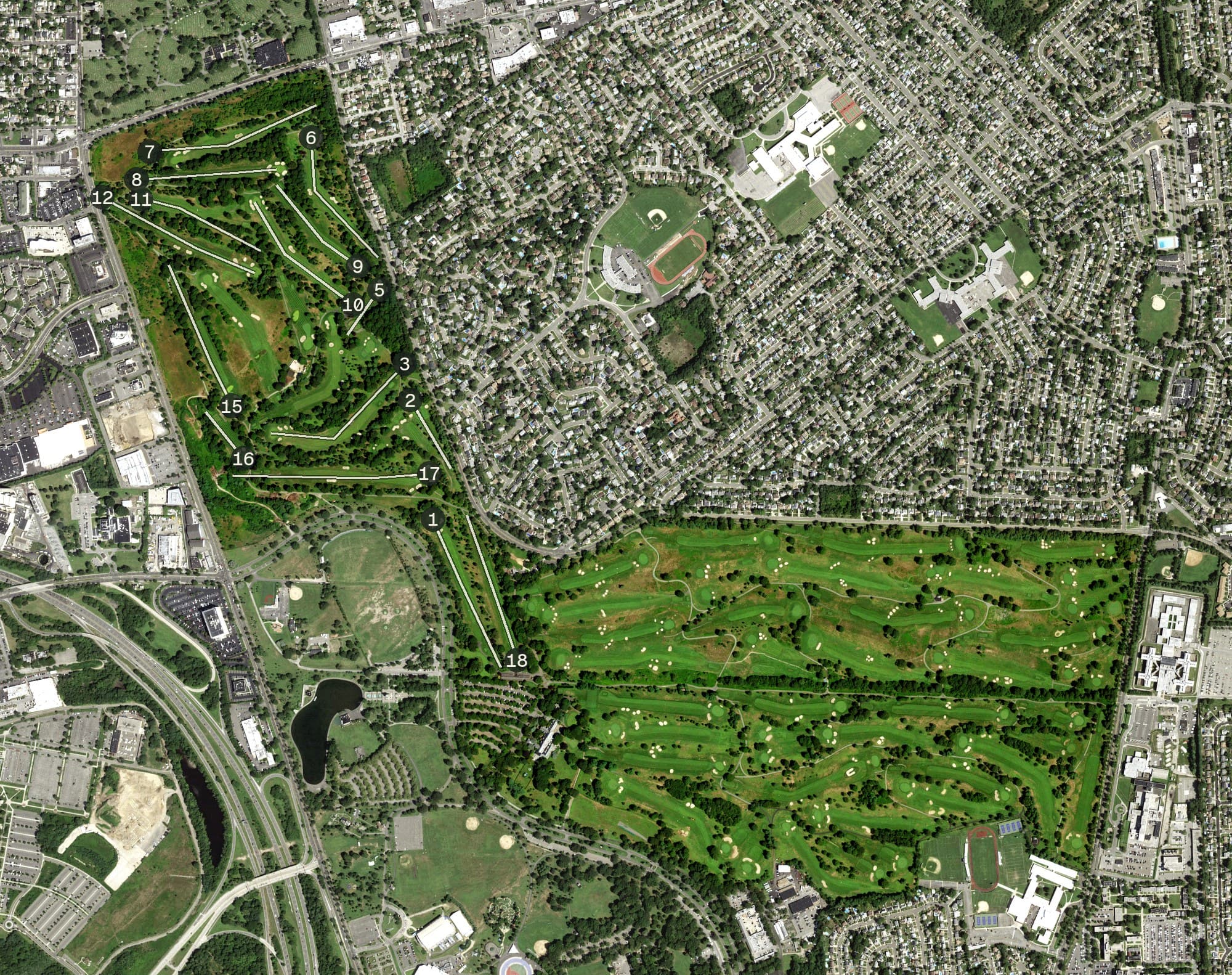 Aerial view of Eisenhower Park Golf Course, NY, with its hole routing marked