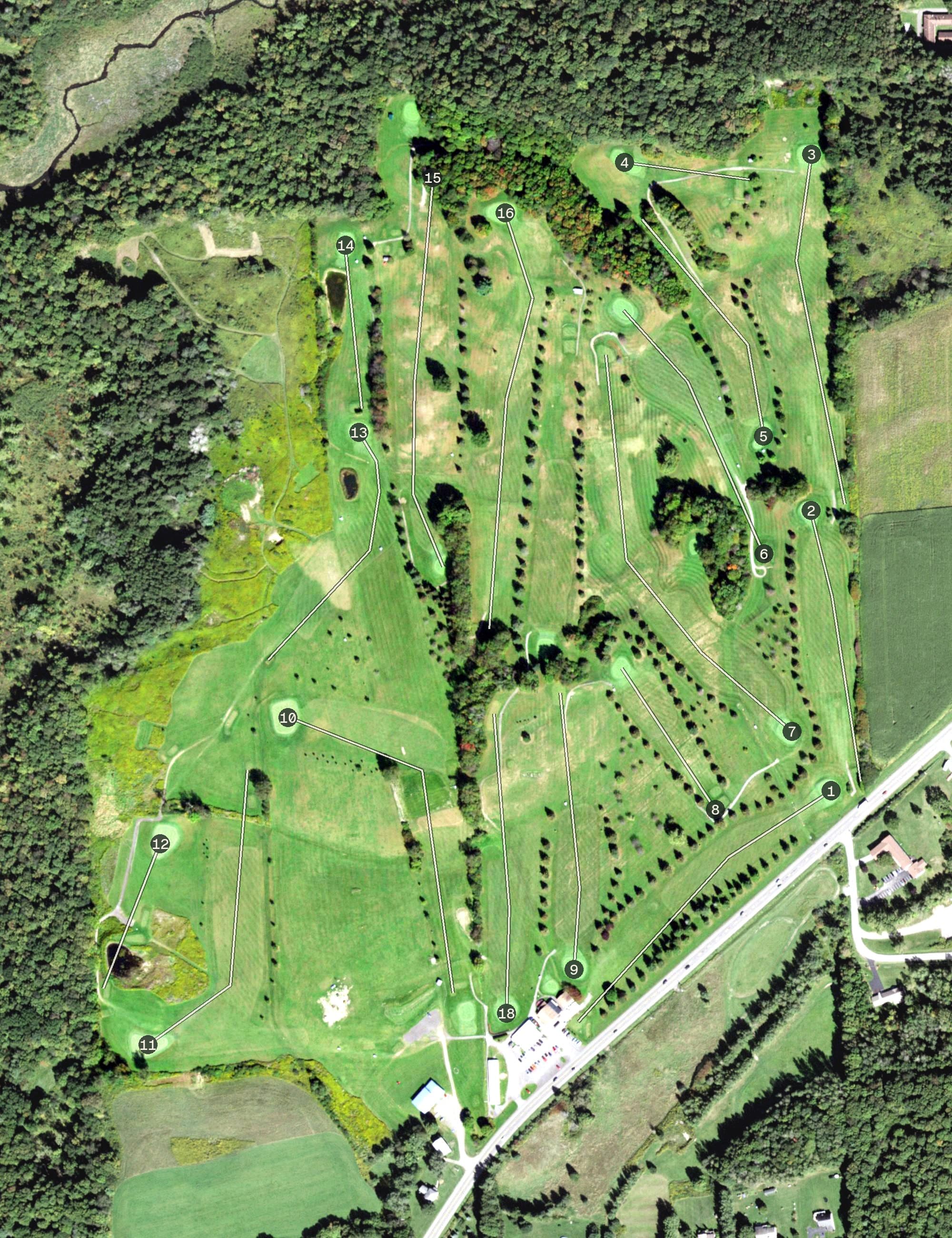 Aerial view of Elm Tree Golf Course, NY, with its hole routing marked