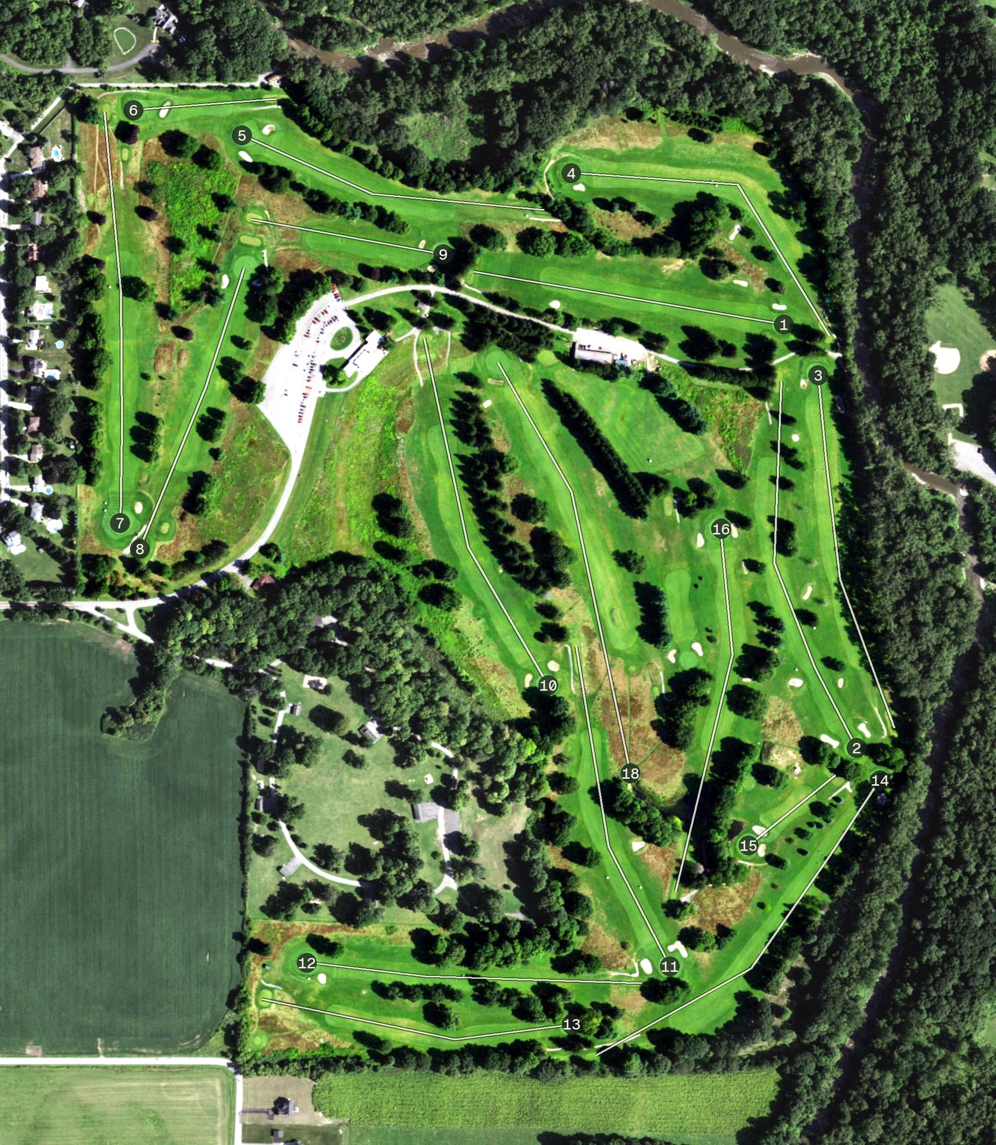 Aerial view of Elma Meadows Golf Course, NY, with its hole routing marked