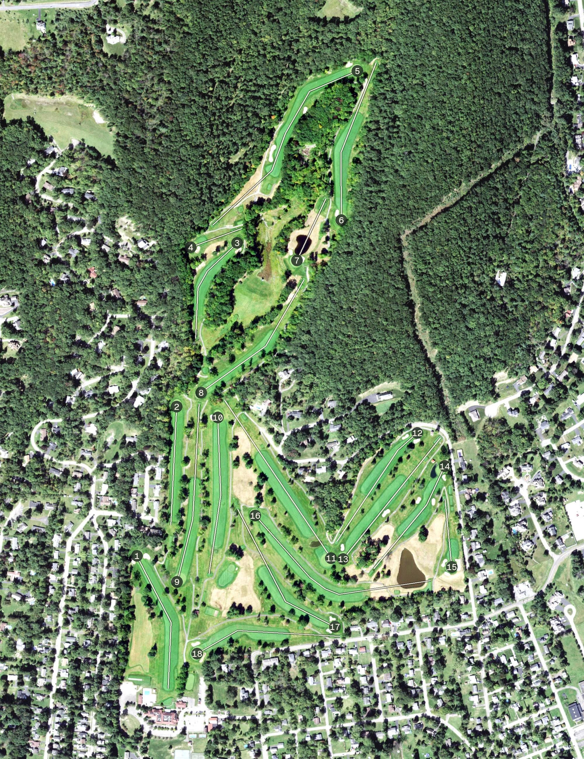 Aerial view of Elmira Country Club, NY, with its hole routing marked