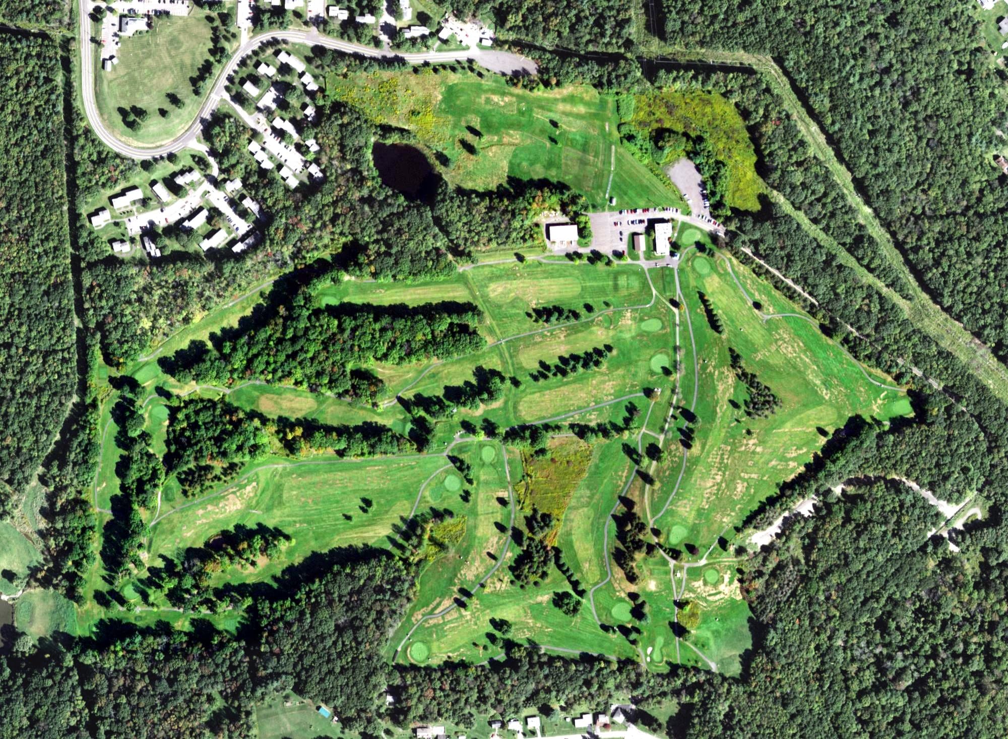 Aerial view of Ely Park Golf Course, NY, with its hole routing marked