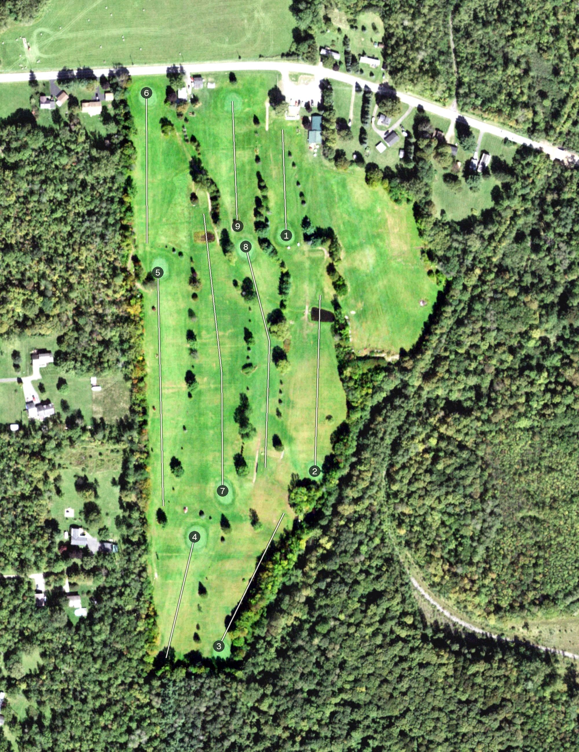 Aerial view of Evergreen Hills Golf Course, NY, with its hole routing marked