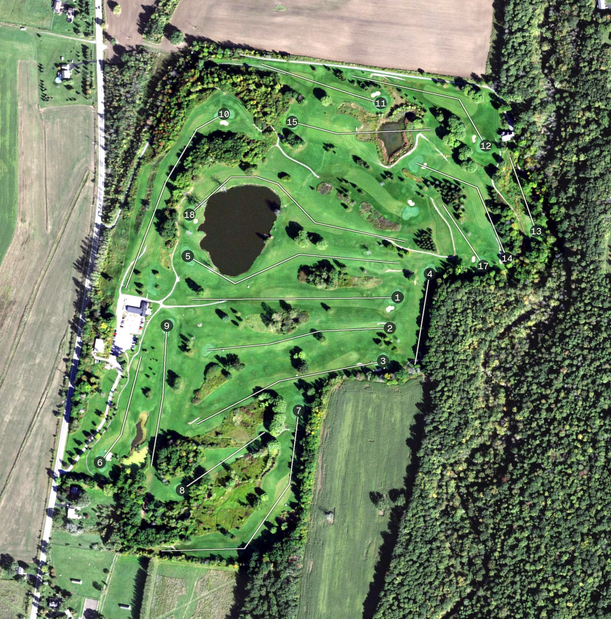 Aerial view of Farview Golf Course, NY, with its hole routing marked