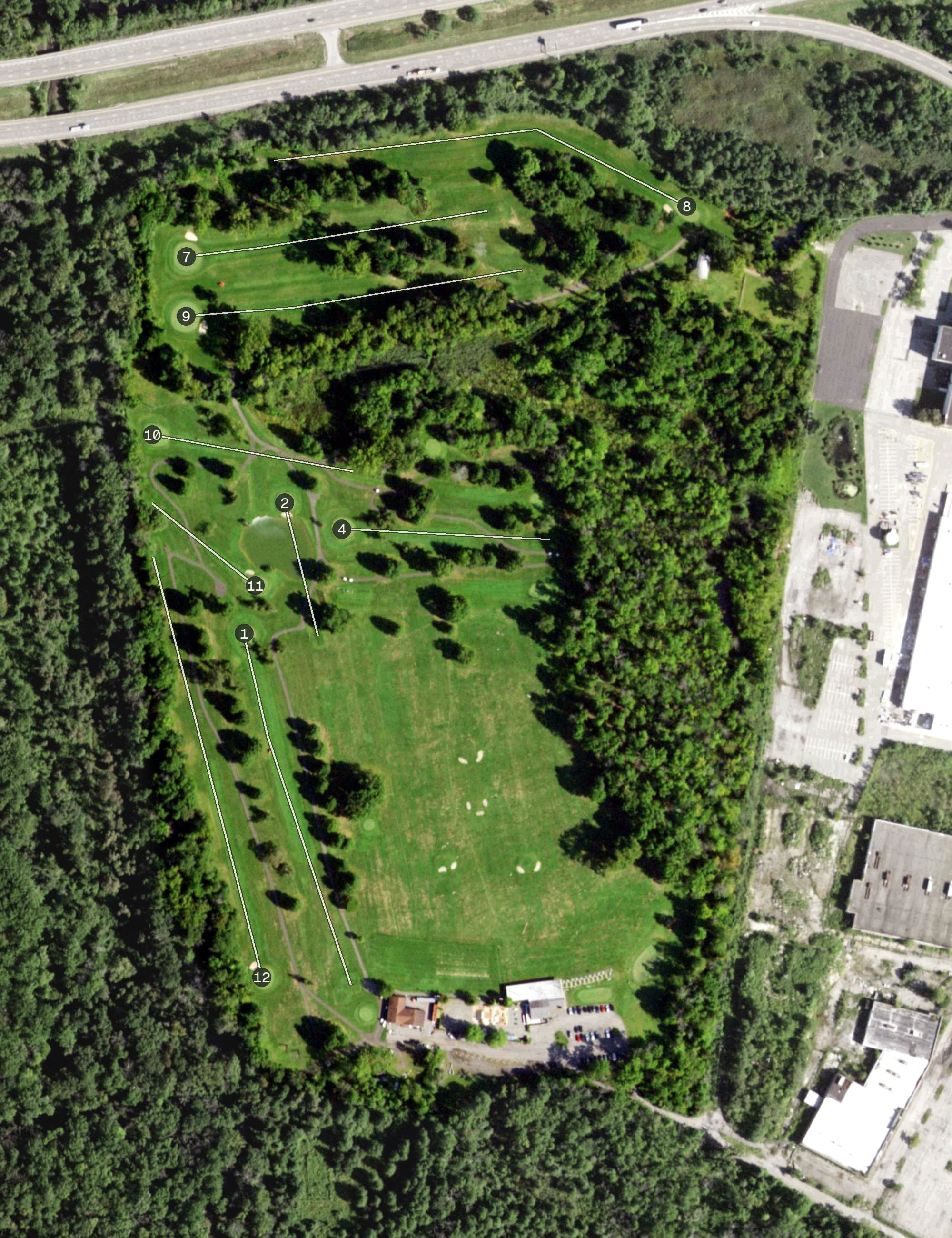 Aerial view of Fishkill Golf Course, NY, with its hole routing marked