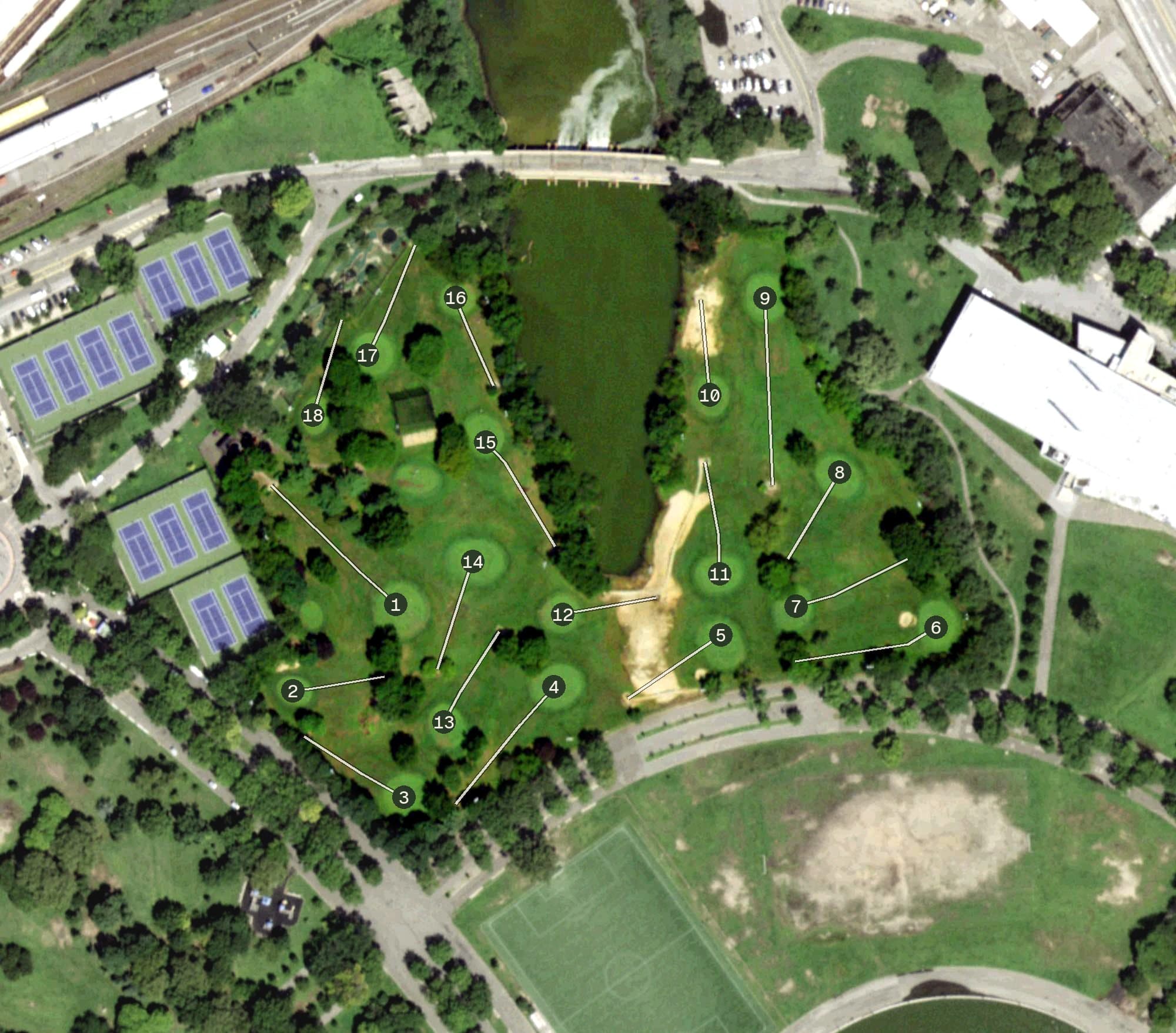 Aerial view of Flushing Meadows Golf Center, NY, with its hole routing marked