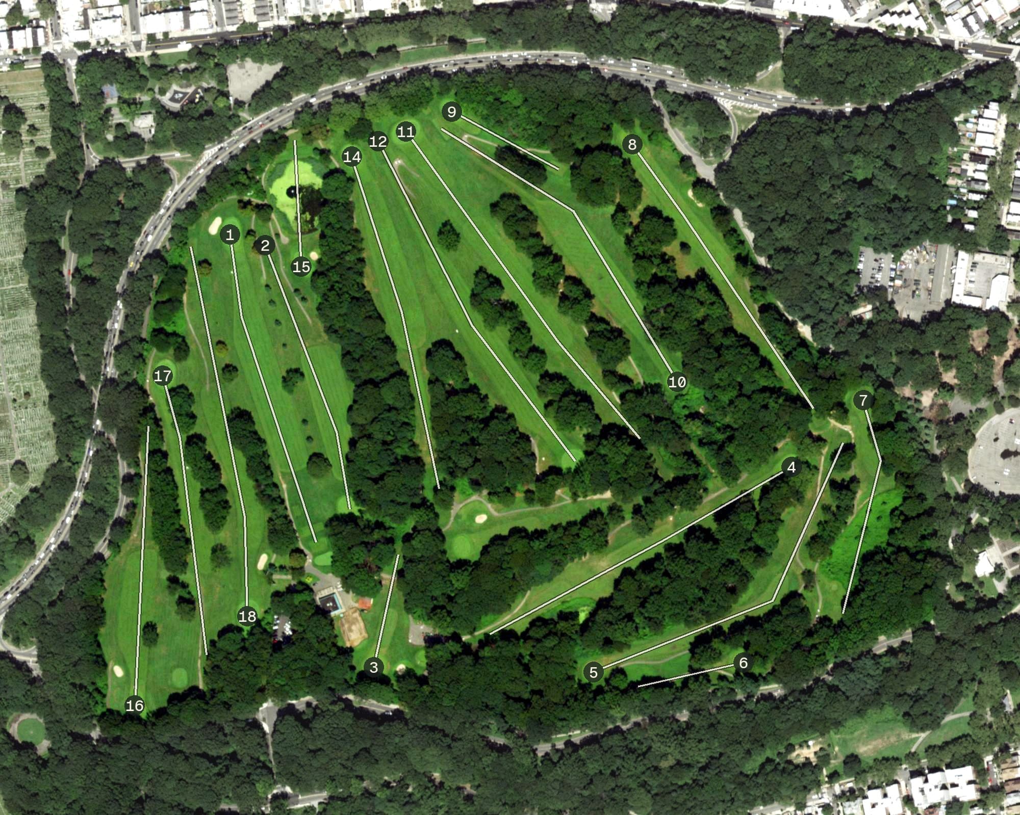 Aerial view of Forest Park Golf Course, NY, with its hole routing marked