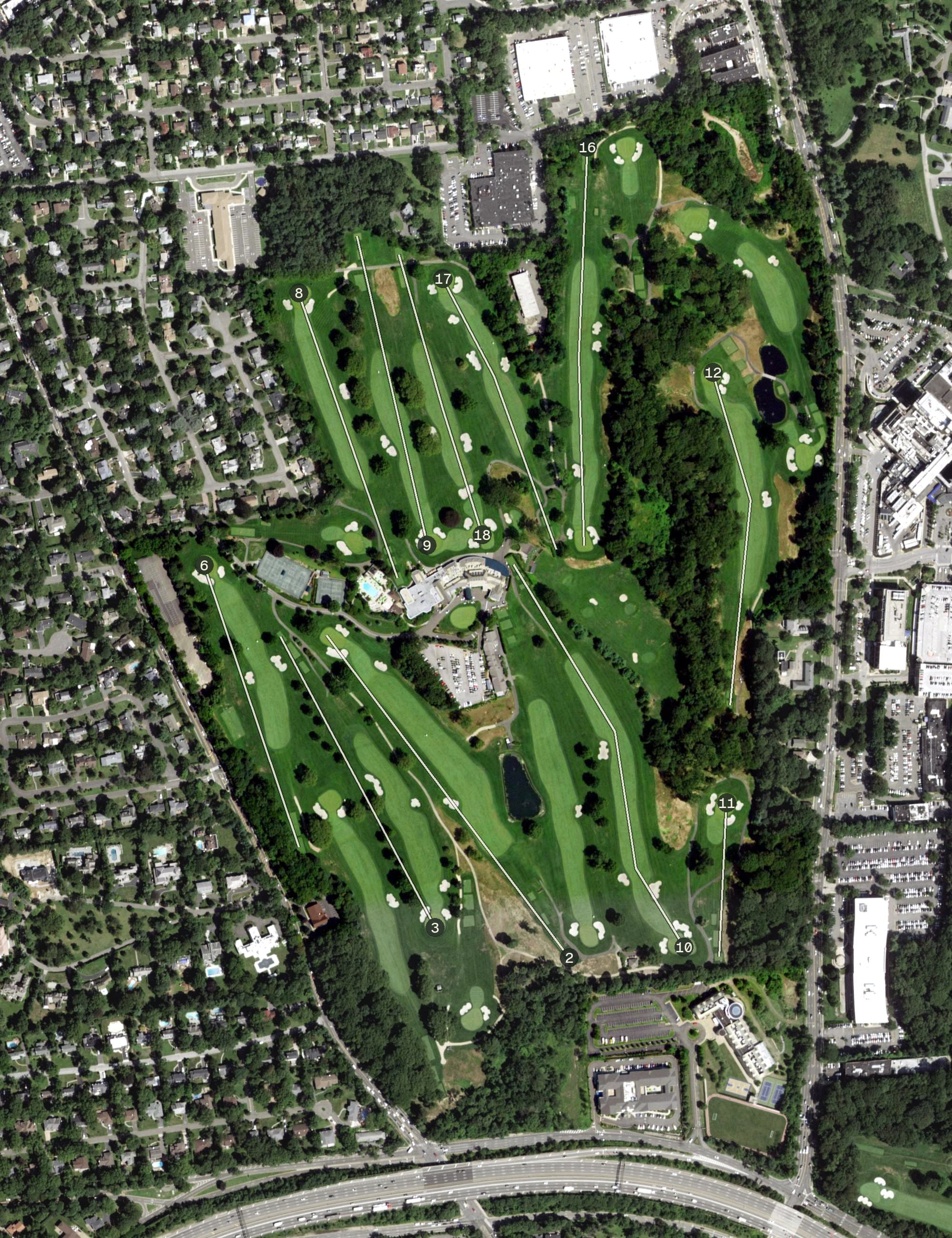 Aerial view of Fresh Meadow Course, NY, with its hole routing marked