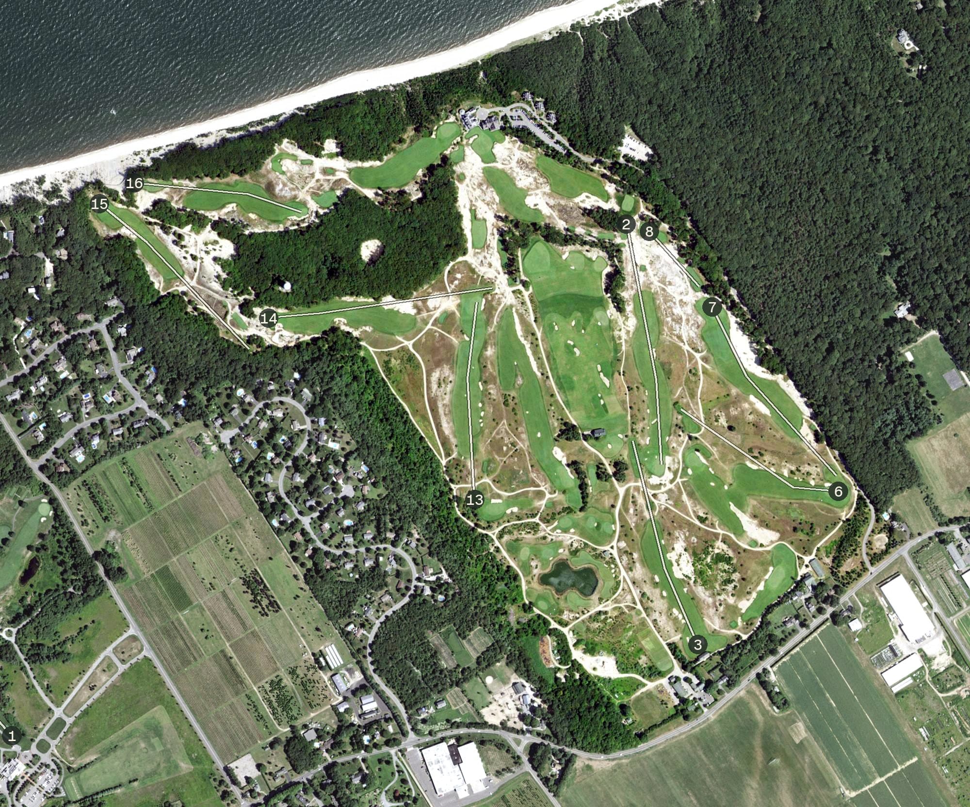 Aerial view of Friar's Head, NY, with its hole routing marked