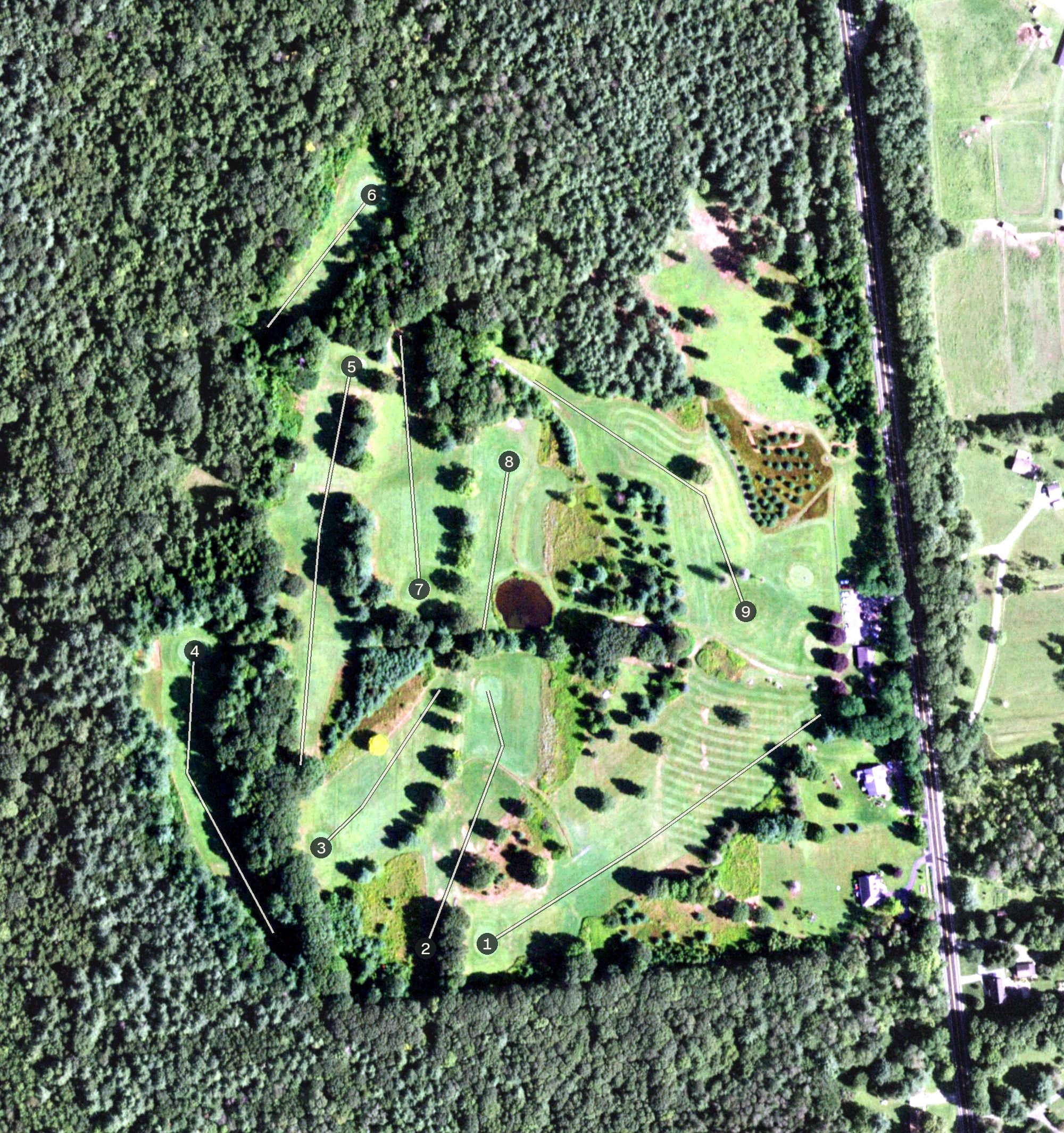 Aerial view of Galway Golf Course, NY, with its hole routing marked