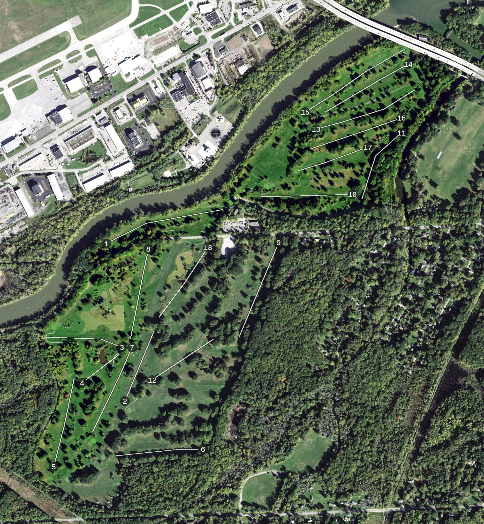 Aerial view of Genesee Valley Golf Course North, NY, with its hole routing marked