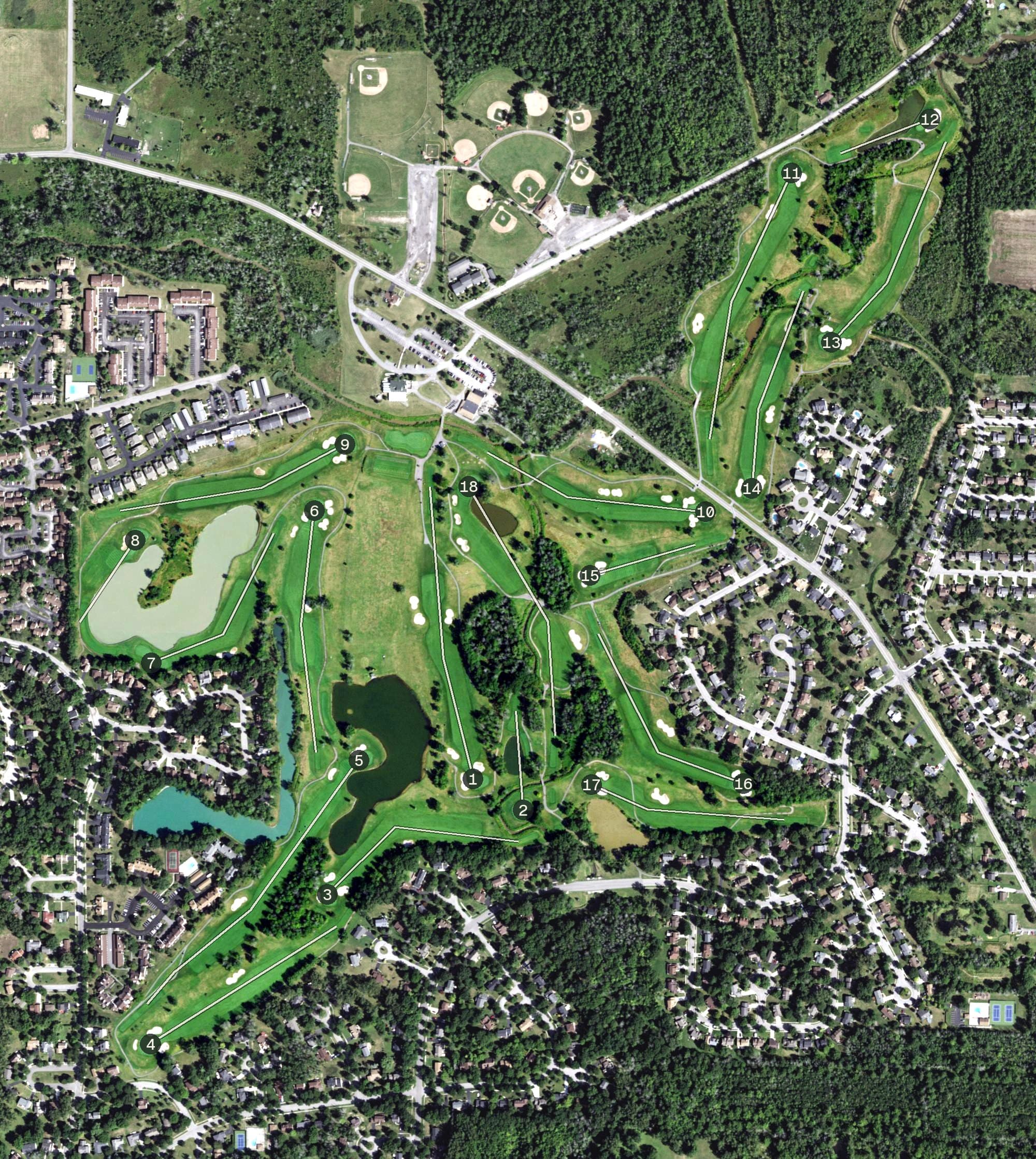 Aerial view of Glen Oak Golf Course, NY, with its hole routing marked