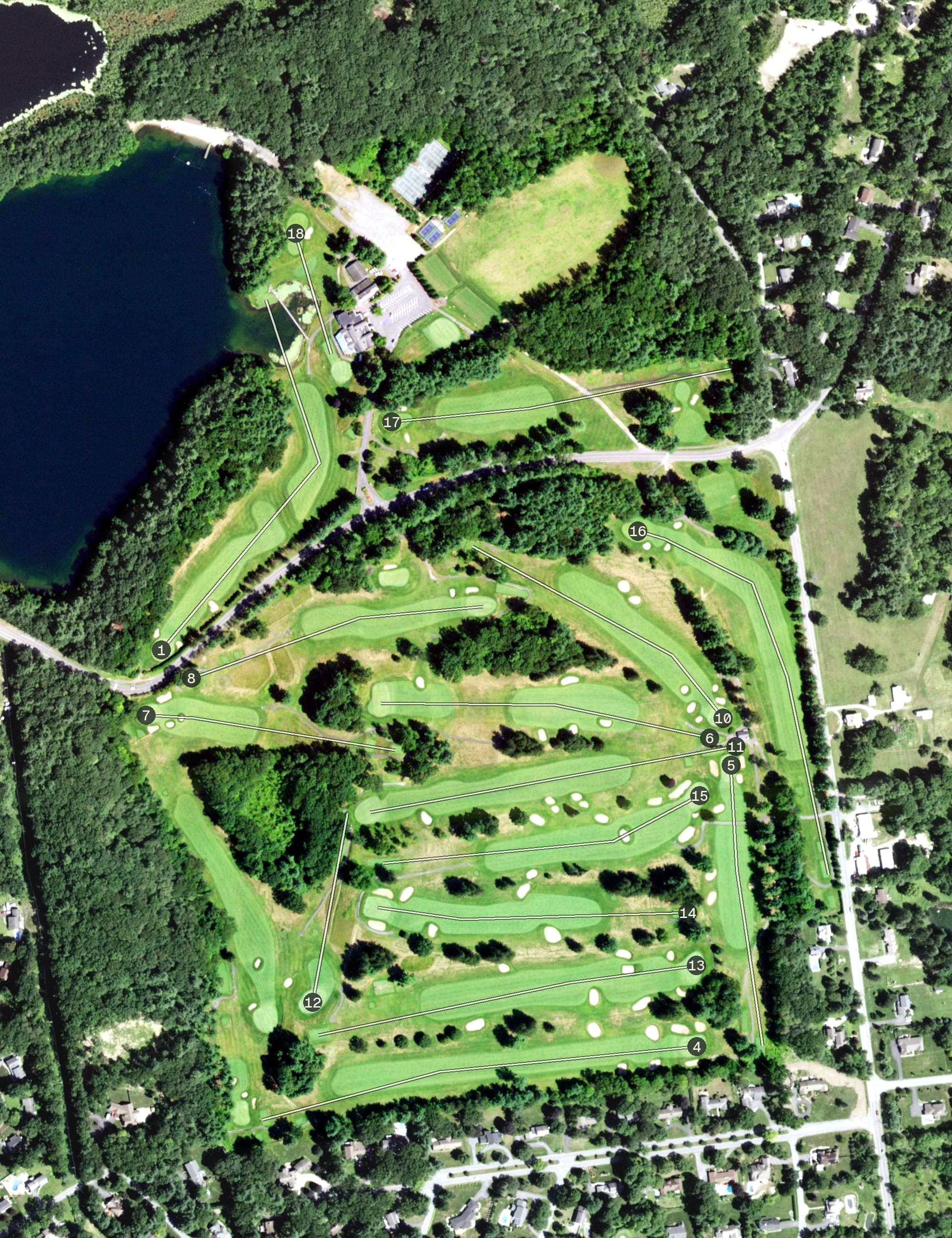 Aerial view of Glens Falls Country Club, NY, with its hole routing marked
