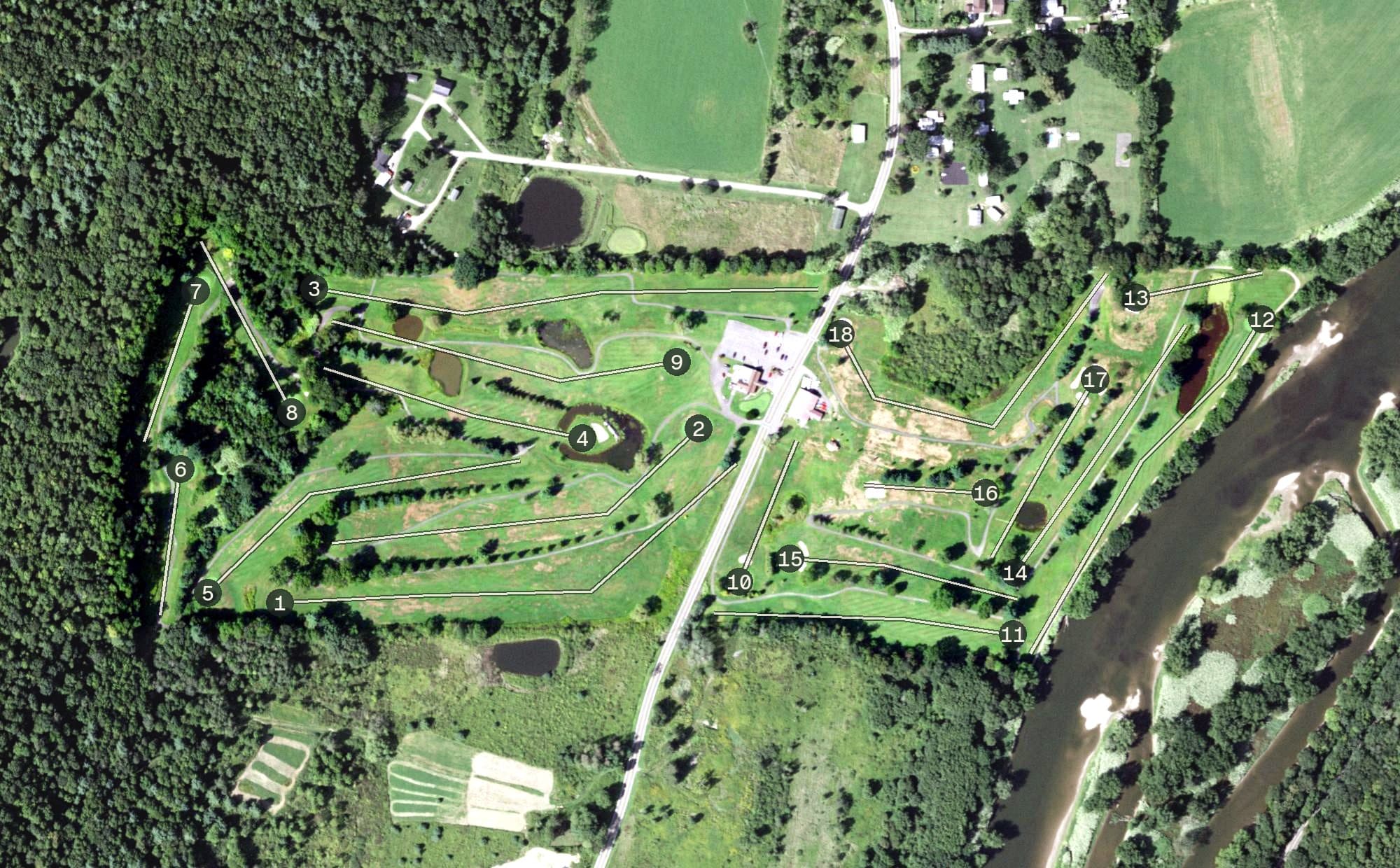 Aerial view of Golden Oak Golf Course, NY, with its hole routing marked