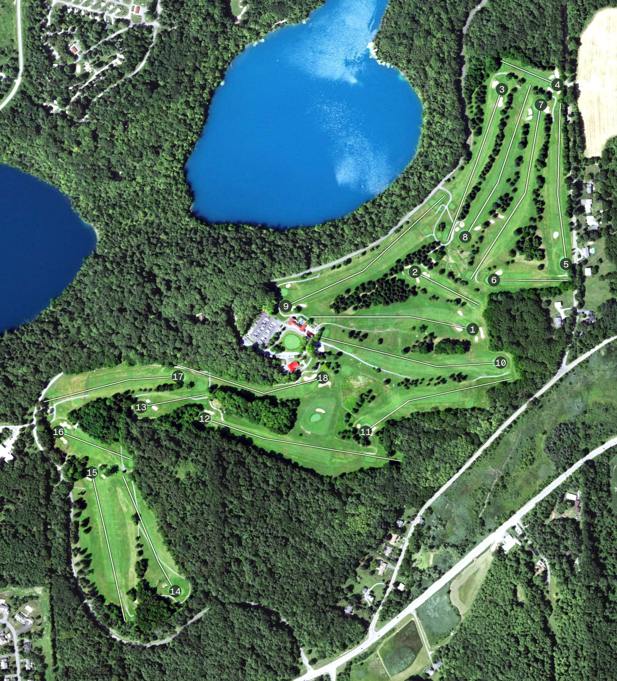 Aerial view of Green Lakes State Park Golf Course, NY, with its hole routing marked