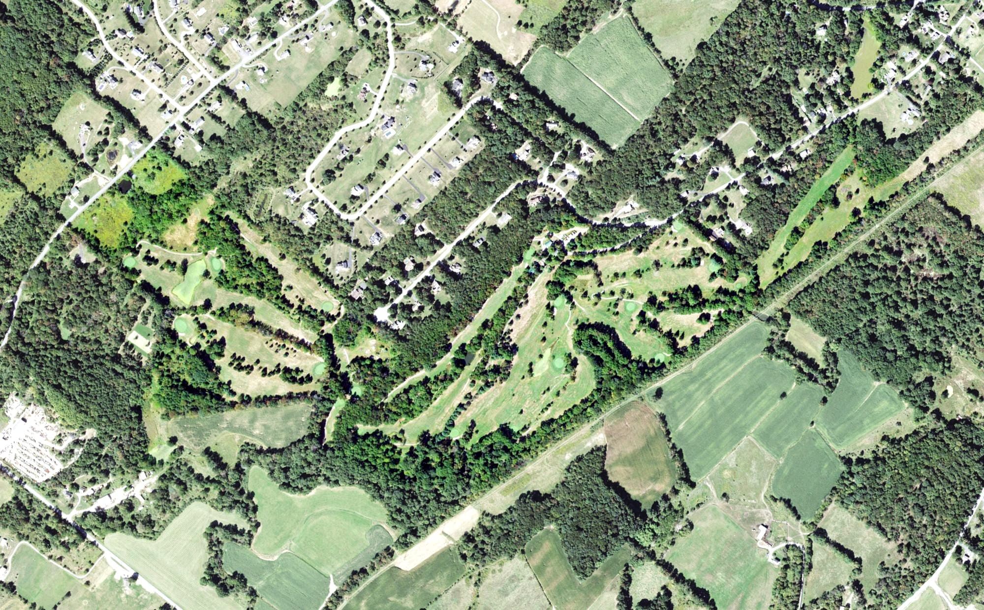 Aerial view of Green Ridge Golf Club, NY, with its hole routing marked