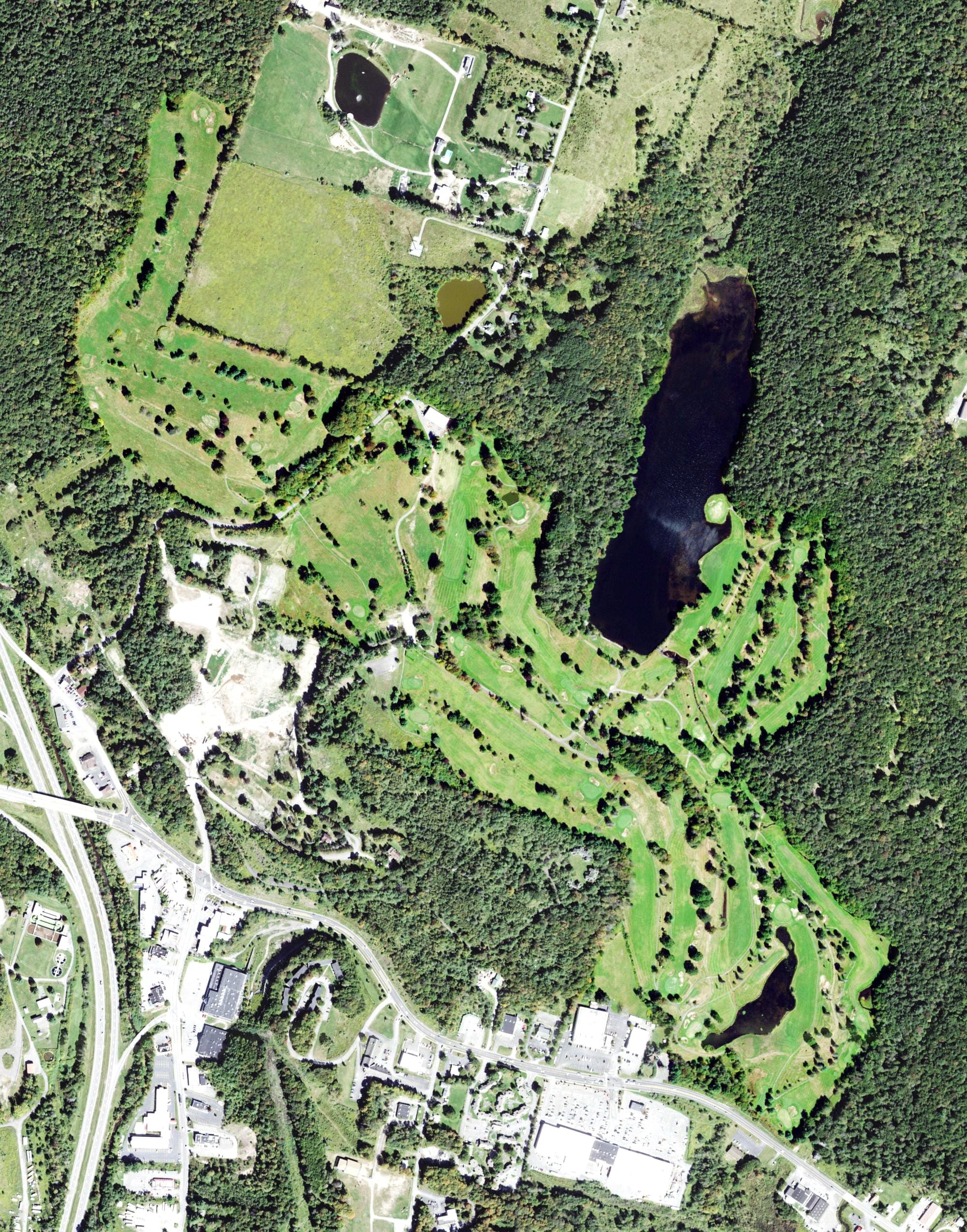 Aerial view of Grossinger Country Club, NY, with its hole routing marked