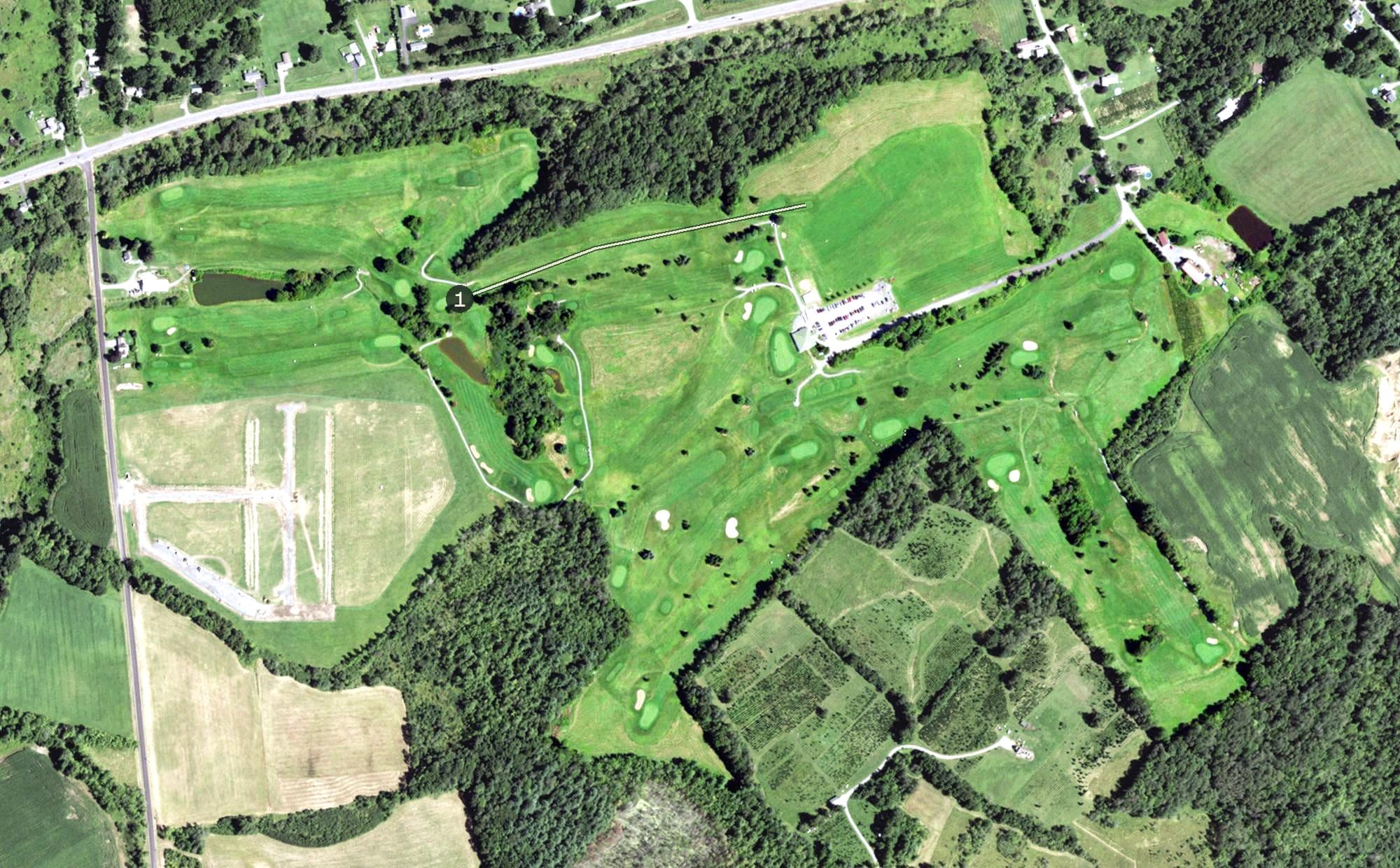 Aerial view of Hales Mills Country Club, NY, with its hole routing marked